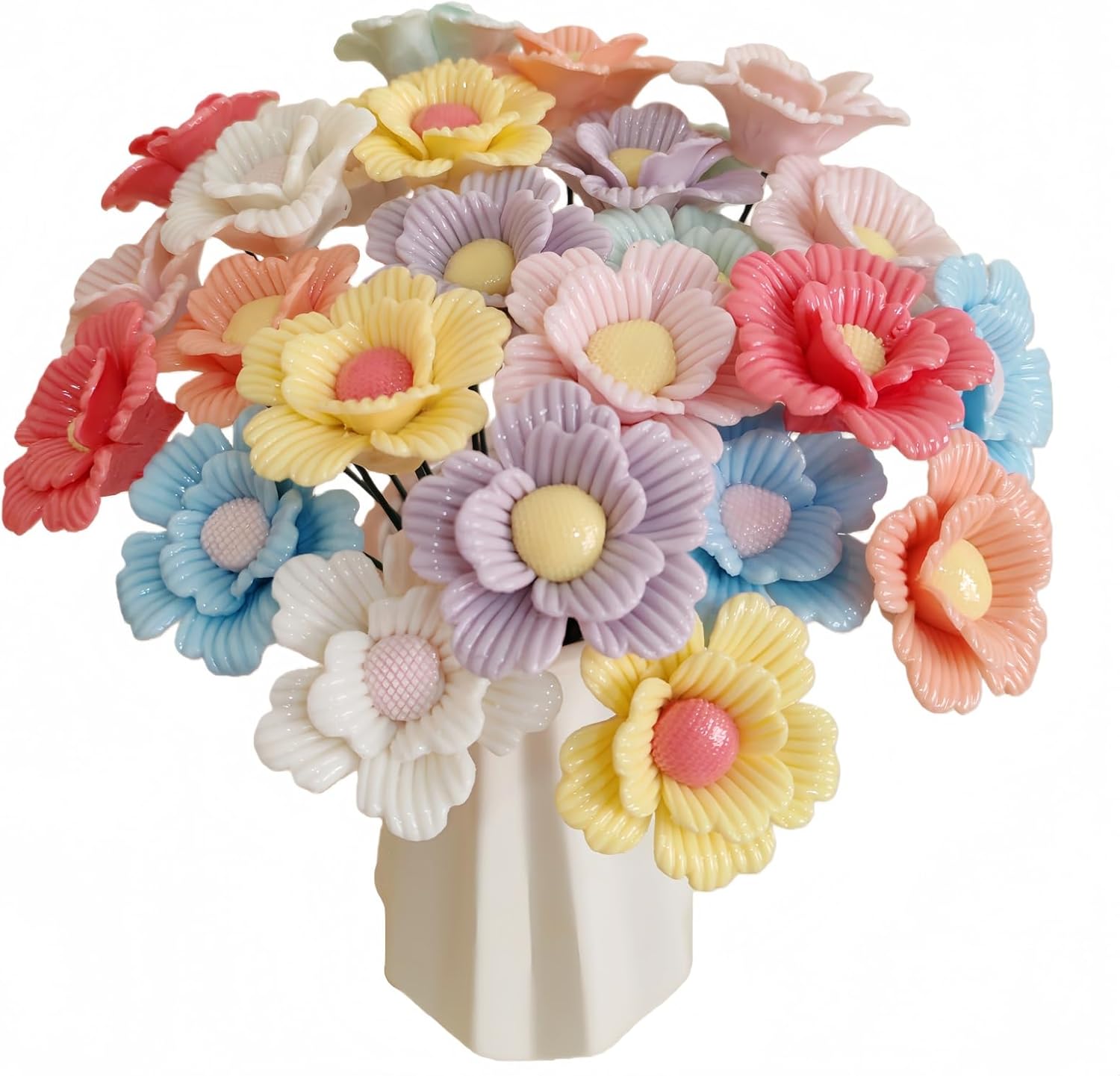 3D Handmade ceramic flowers Set of 25 Multi-Color Blossoms Eternal Flower Home Decor for Living room, Bedroom, Office Decor.Unique gifts for Valentine's Day， birthdays and anniversaries (colorful)