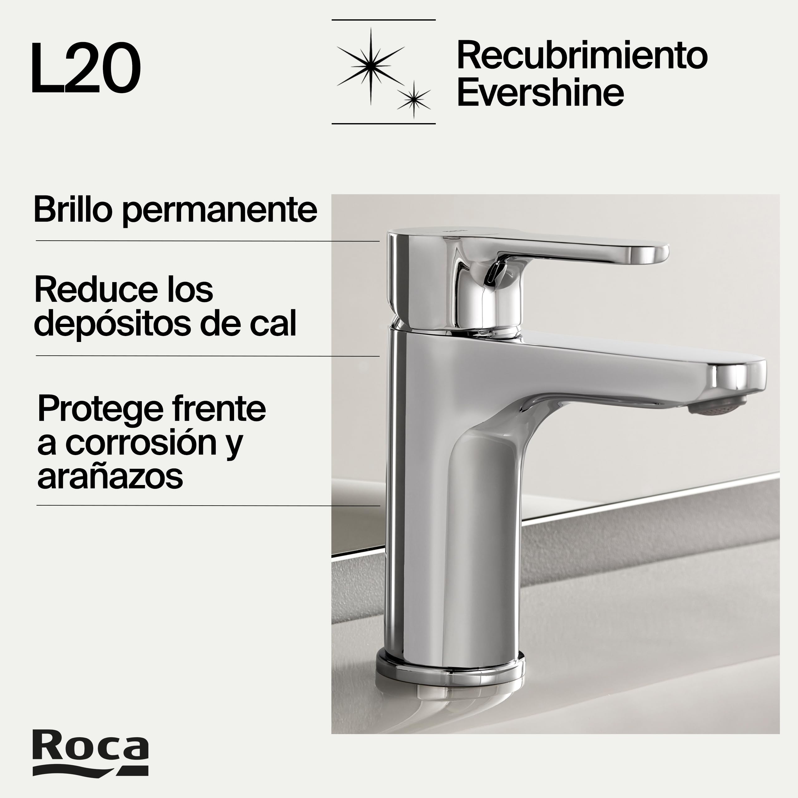 Roca L20 Grifería para lavabo con tecnología Cold Start, grifo monomando de repisa con enlaces de alimentación flexibles, mezclador para cuarto de baño de fácil instalación, cromado, A5A3K09C00
