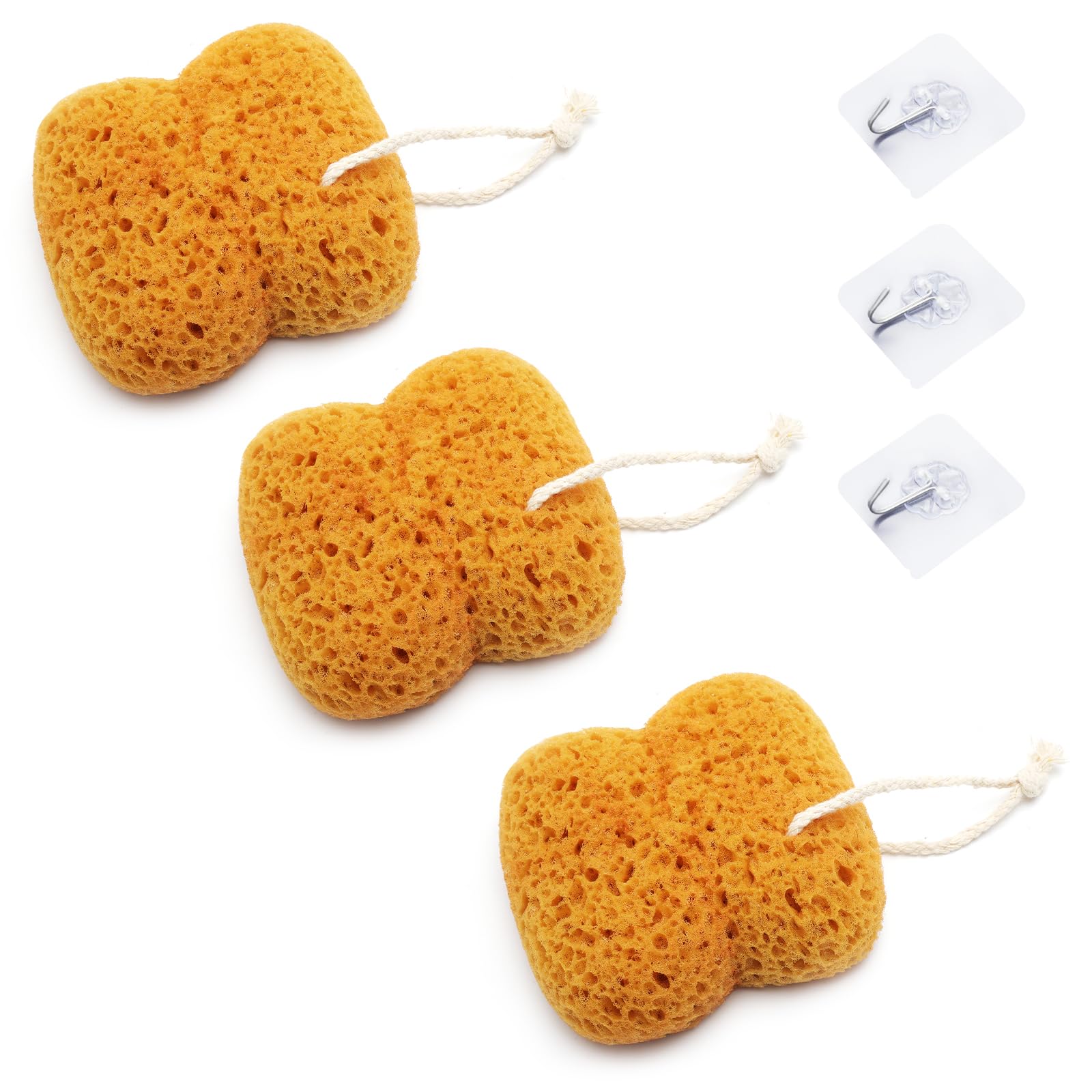 VOSSOT 3 spugne da bagno con cordino, spugna per doccia, corpo 13 cm, spugna per il corpo, spugna naturale, schiuma densa, spugna per doccia, spugna per il lavaggio del corpo con ganci, doccia e bagno