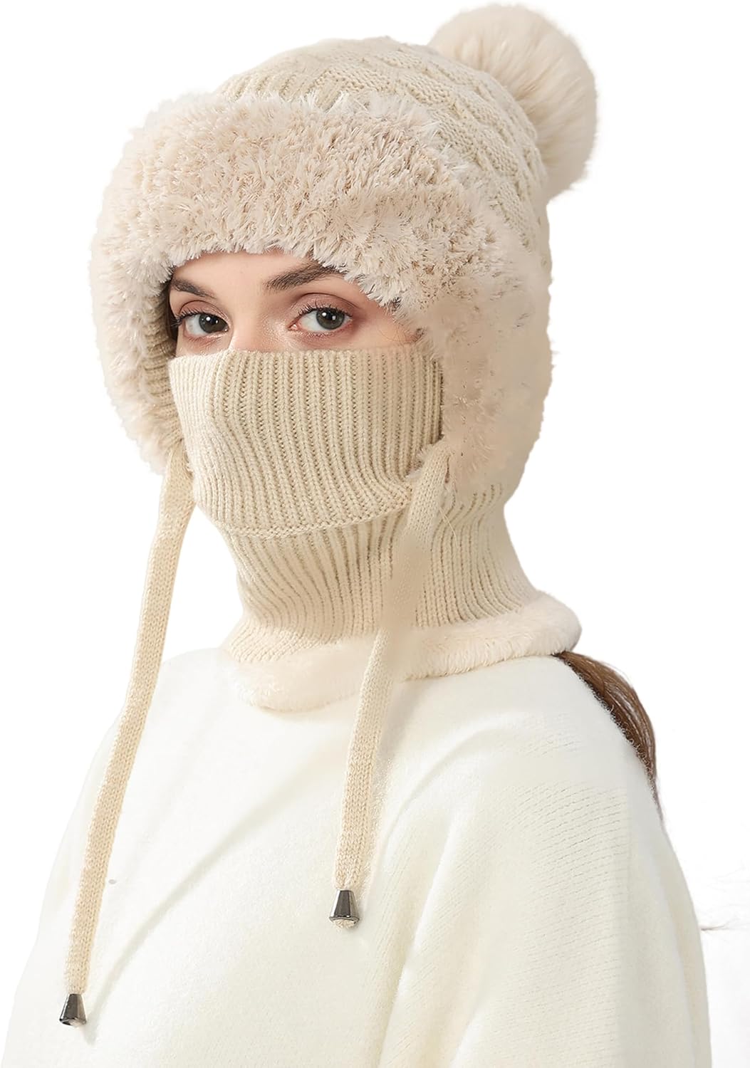SEAUR Women's One-Piece Fleece Lined Knit Balaclava Winter Beanie Mask Neck Scarf Cap with Pompom