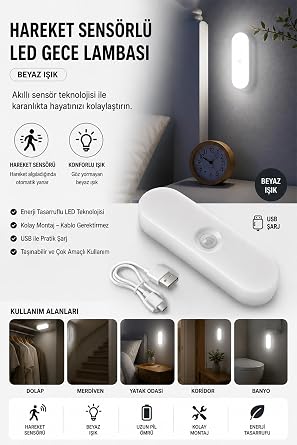 Neo Vista USB  arjl  LED I k, Hareket Sens rl , Beyaz I k, Oda, Mutfak, Salon ve Merdiven i in Ta nabilir Lamba [Enerji S n f  A]