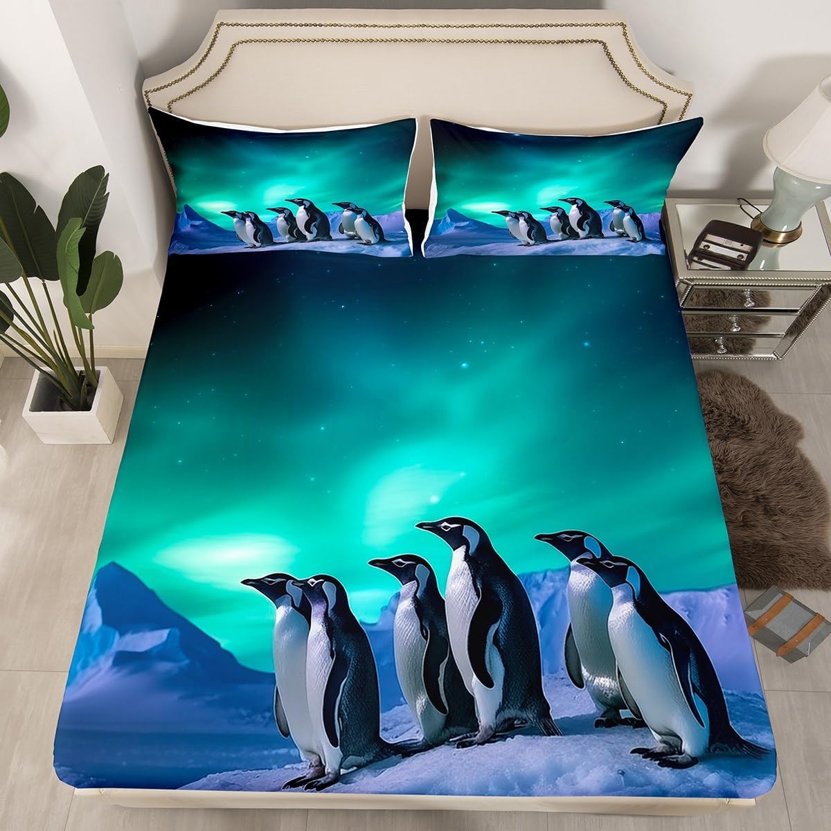 Castle Fairy Penguin Kids Fitted Sheet Twin Size Aurora Starry Sky Bedding Set Girls Boys Adults Room Decor Cute Wild Animals Bed Cover Snow Field Mountain Bed Sheet,1 Pillowcase