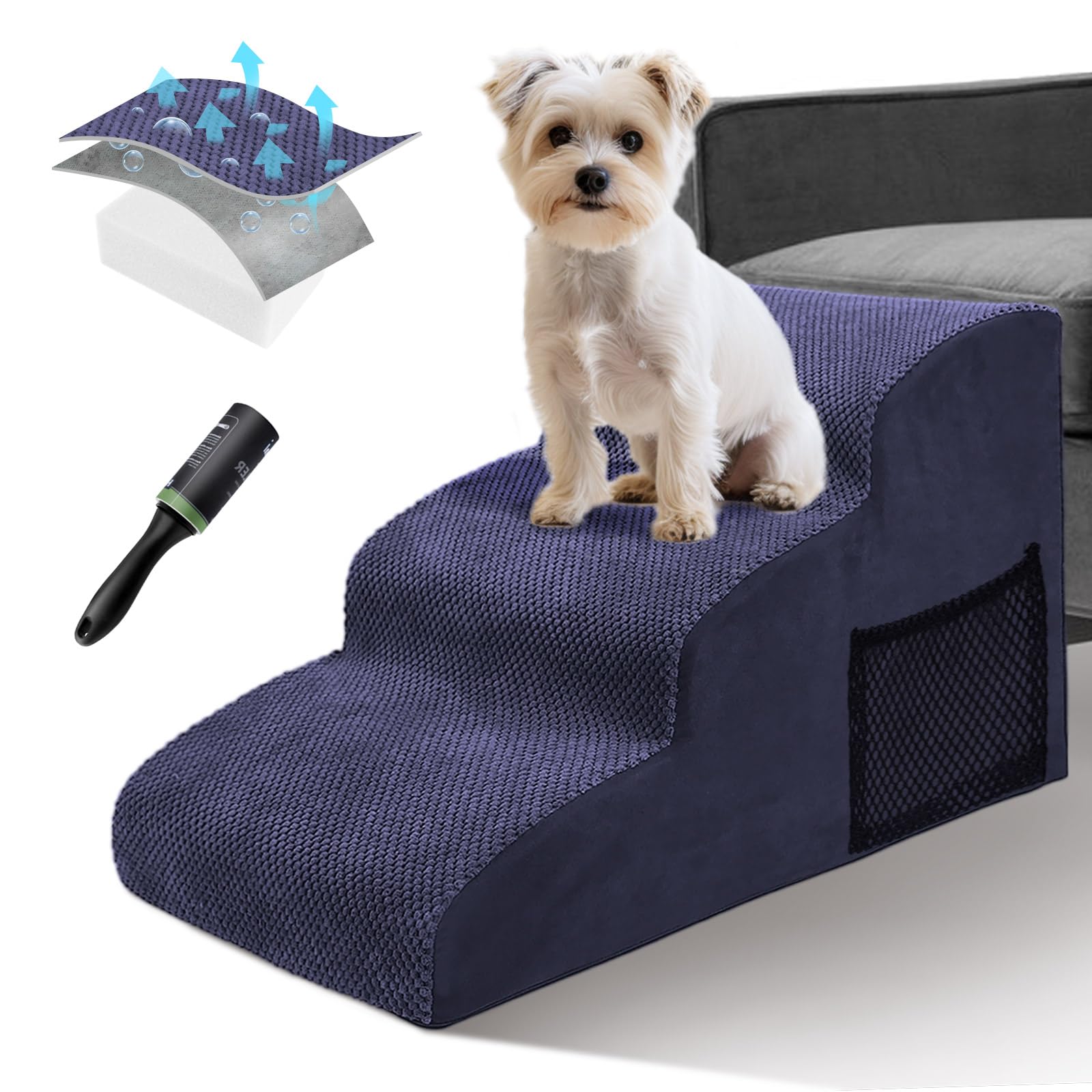 Masthome Escaleras para Perros 3 Peldaños, Rampa para Perros de Espuma de Alta Densidad con Funda de Tela Extraíble y Lavable, Antideslizante, para Perros Mayores, Envoyer 1 Rouleau de Viscos, Azul