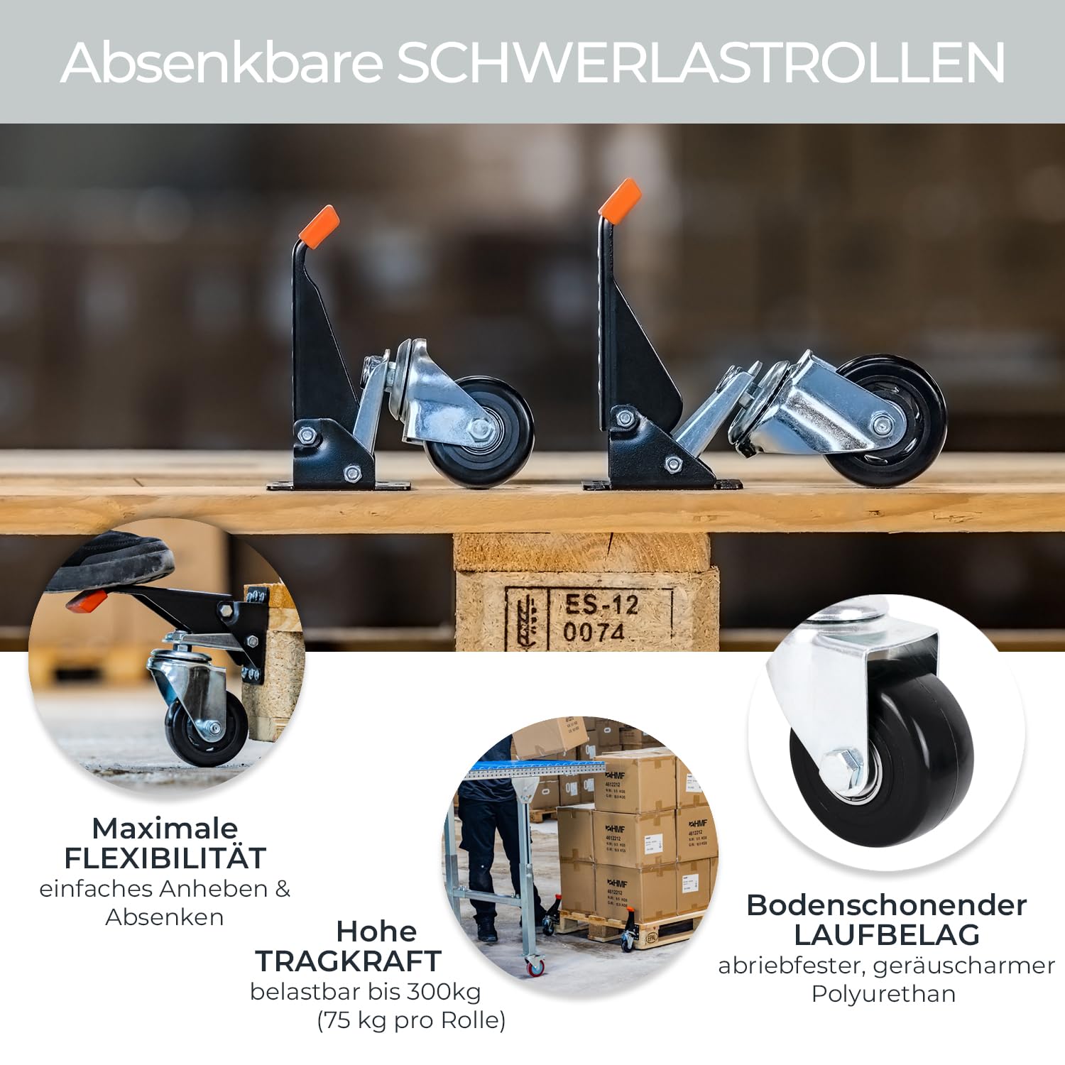 HMF 6750 Schwerlastrollen absenkbar für Werkbank | 4 Stück | 76 mm | bis 400 kg | Polyurethan, Schwarz