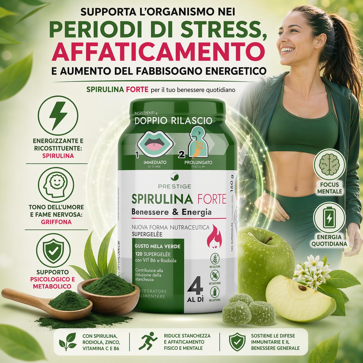 Integratore con SPIRULINA FORTE, 120 Gommose Supergelée Mela Verde - Spirulina: Dona Energia, Focus Mentale e Riduce Stanchezza - Supporto Metabolico