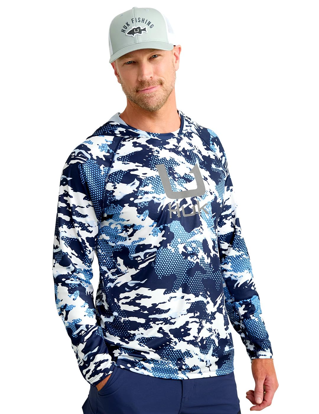 HUK Men's Standard KC Scott Patterned Pursuit Hoodie, Hooded Fishing Shirt, Marolina Blue
