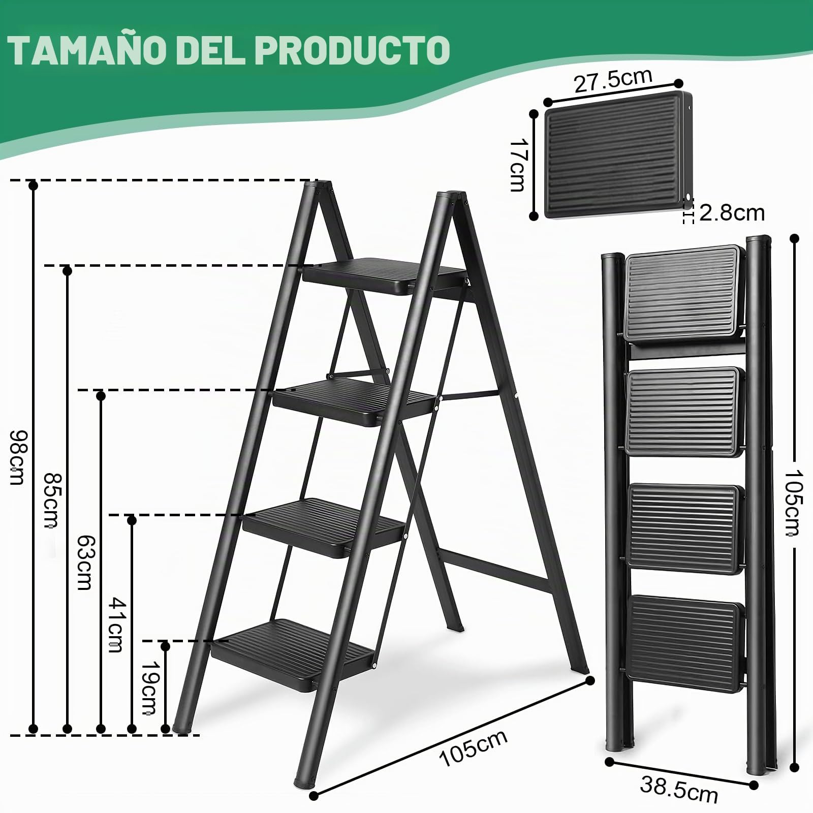 Escalera Plegable de 4 peldaños de Aluminio, Estable y Segura, peldaños Anchos Antideslizantes, soporta hasta 150 kg, para hogar, almacén, Taller y Uso Comercial