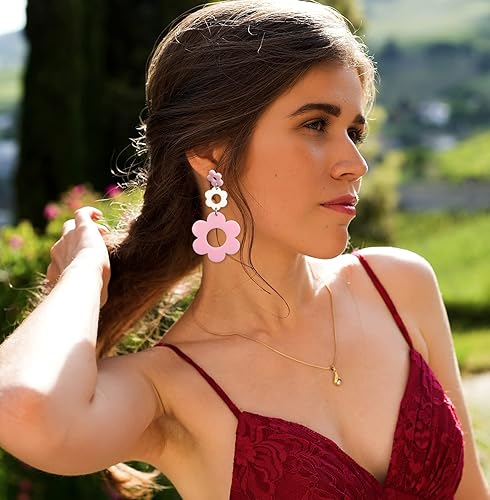 Miniatura 6 de Aretes acrílicos de flores para mujer, aretes colgantes de doble margarita, aretes florales de flores de resina para mujer, aretes Y2K de flores