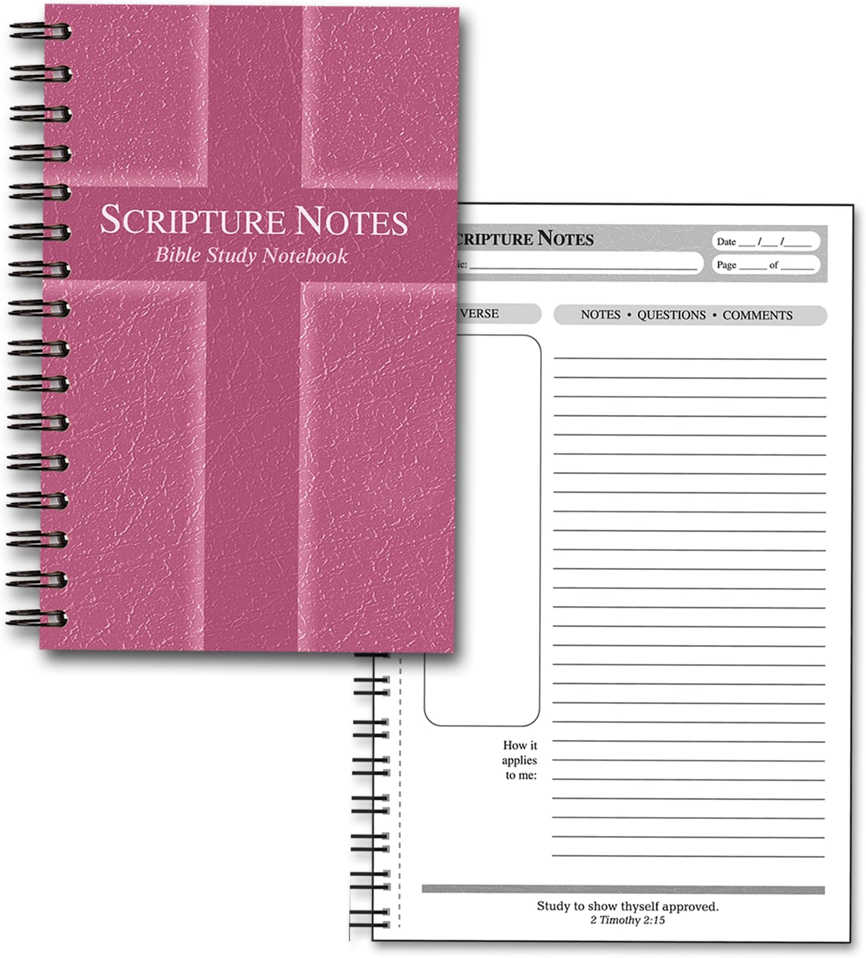 G.T. Luscombe Company, Inc. Scripture Notes, Bible Study, 9 x 5.5 inch, Spiral Bound, 100 Double-Sided Page, Hardboard Cover, Lined Notebook with Prompts and Text Boxes, Rose