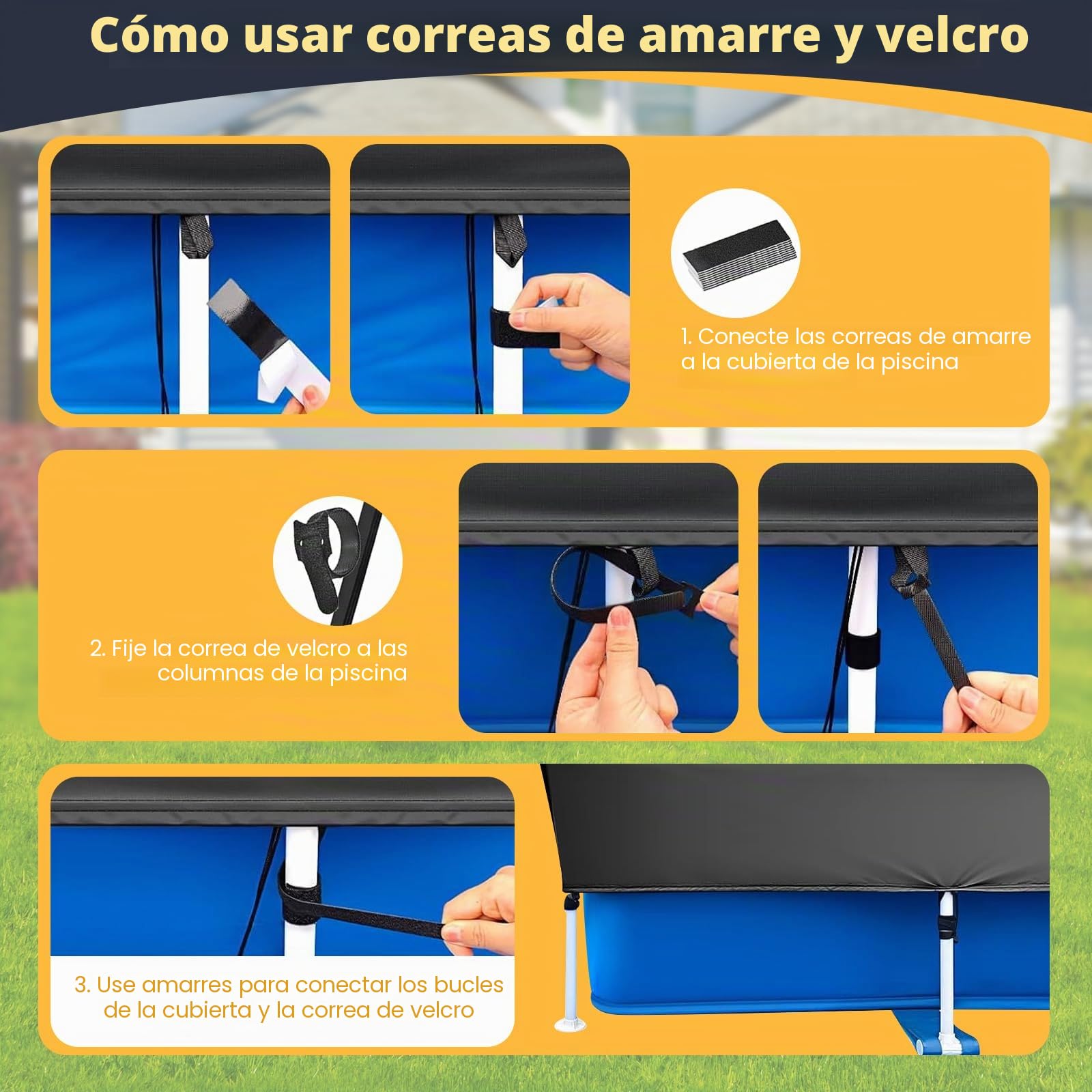 Cubierta de Piscina Rectangular con Fijar lengüetas de tracción e Cordones, Funda Piscina con Tapa Profunda, Resistente al Viento y a la Lluvia, a Prueba de Polvo para jardín al Aire Libre