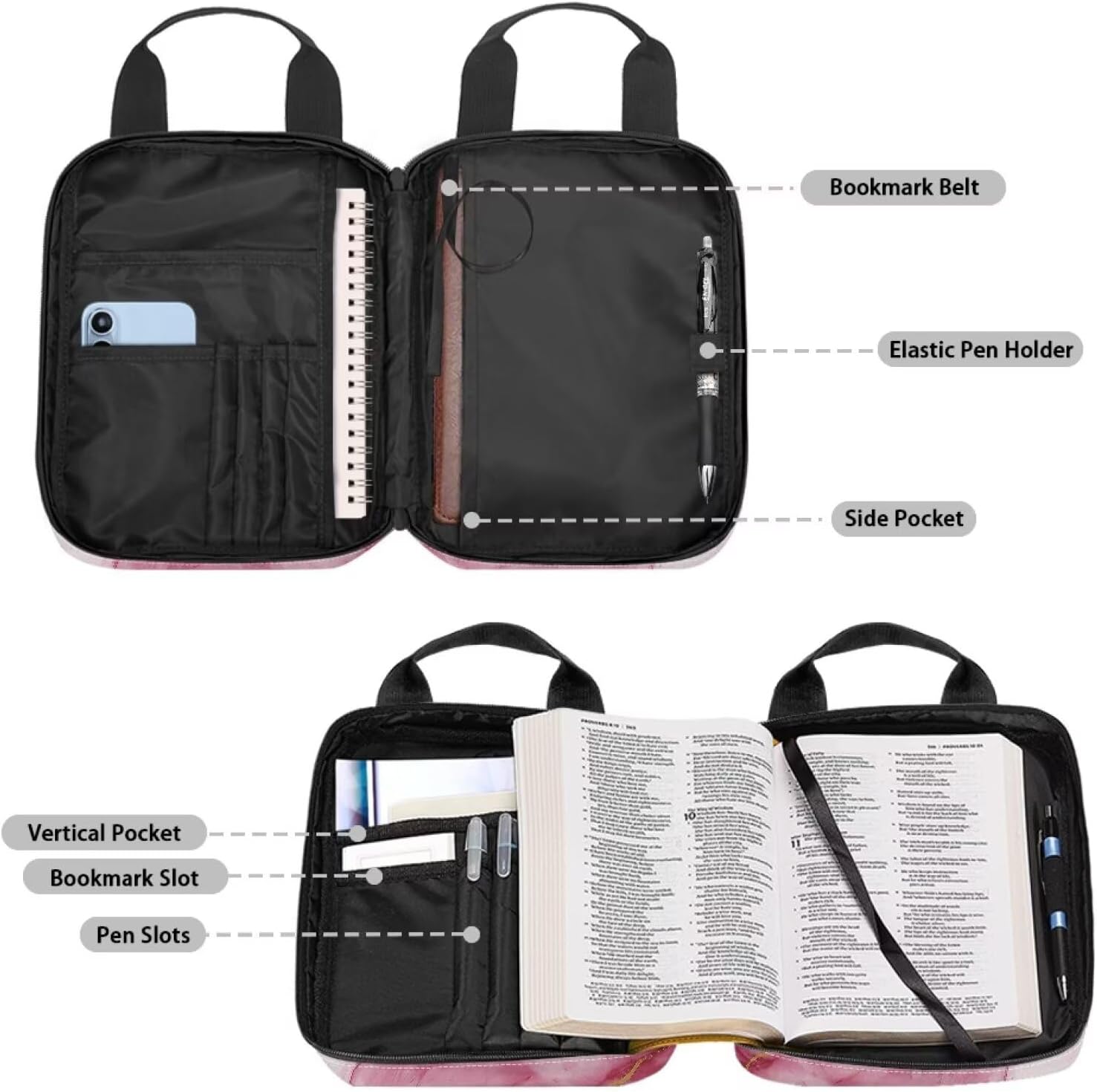 Large Bible Cover-Polyester Bible Cases for Women-Bible Bag Girls Bible Cover with Handle Zippered Pocket Pen Slots