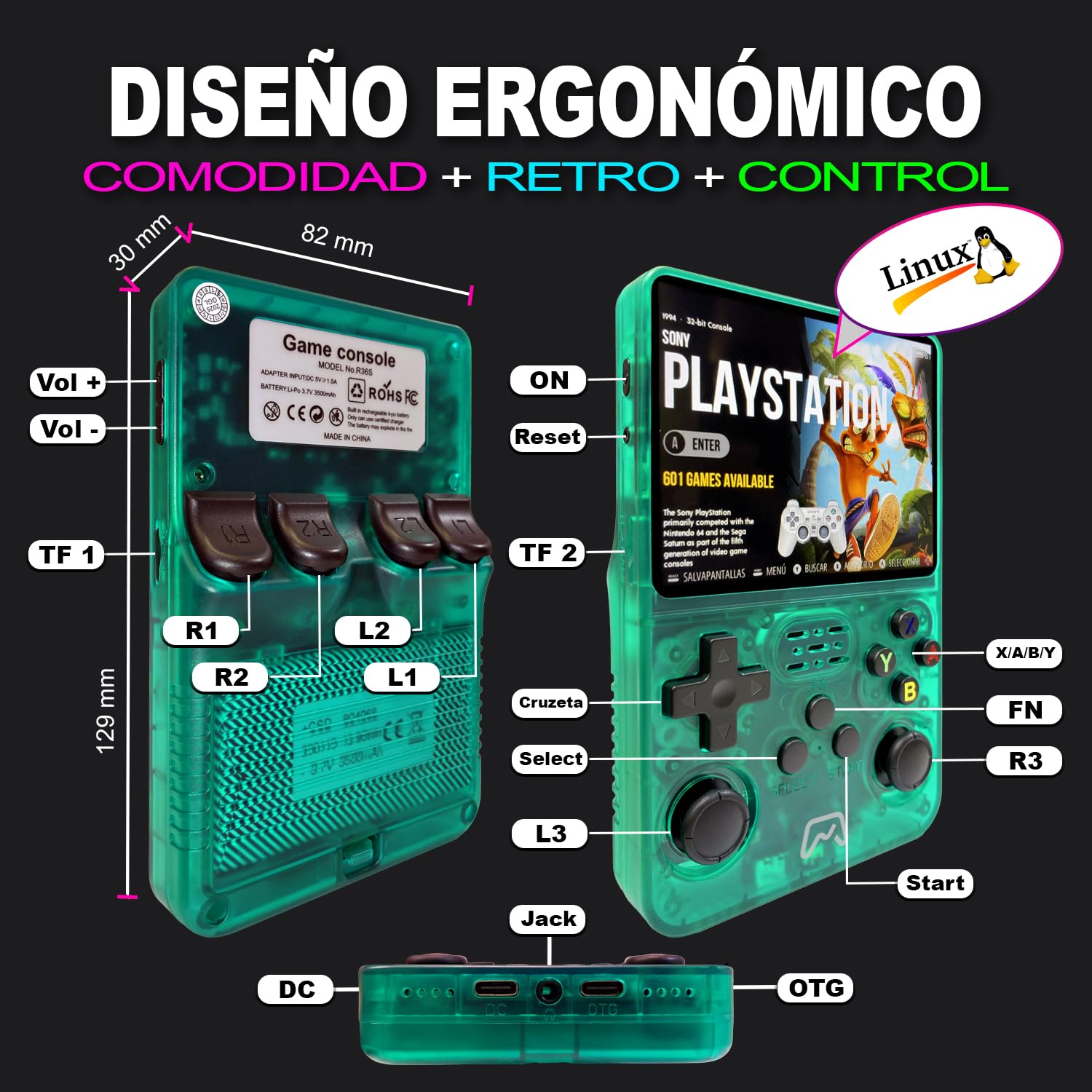 SVP Game R36S - Consola Retro Portátil con Estuche y Lector TF-USB, Original 2026, Compatible con 40.000 Juegos, Panel IPS 3.5”, Linux, x2 Ranuras TF, Bat. 3500 mAh (Blanco, 128, GB, Pack Ultra)