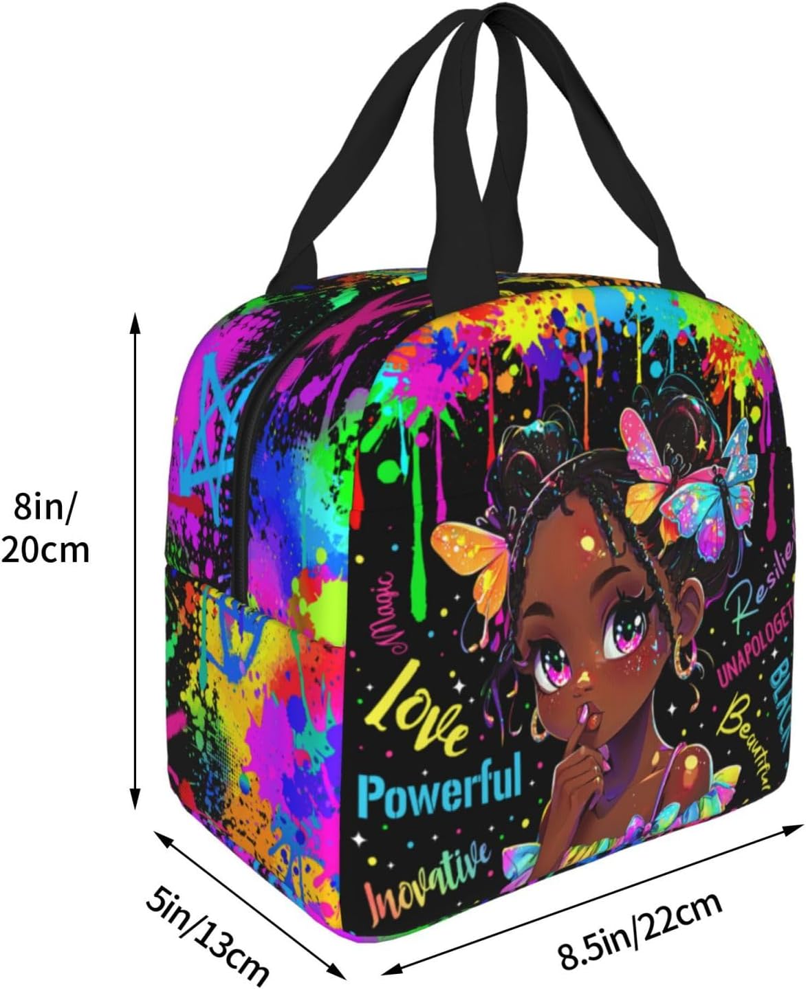 Watercolor Doodle Lunch Boxes,Black Women Lunch Box，Graffiti Lunch Bag，African American Women Lunch Bag，Insulated Black Womens Box For Office Work Travel Work image 5