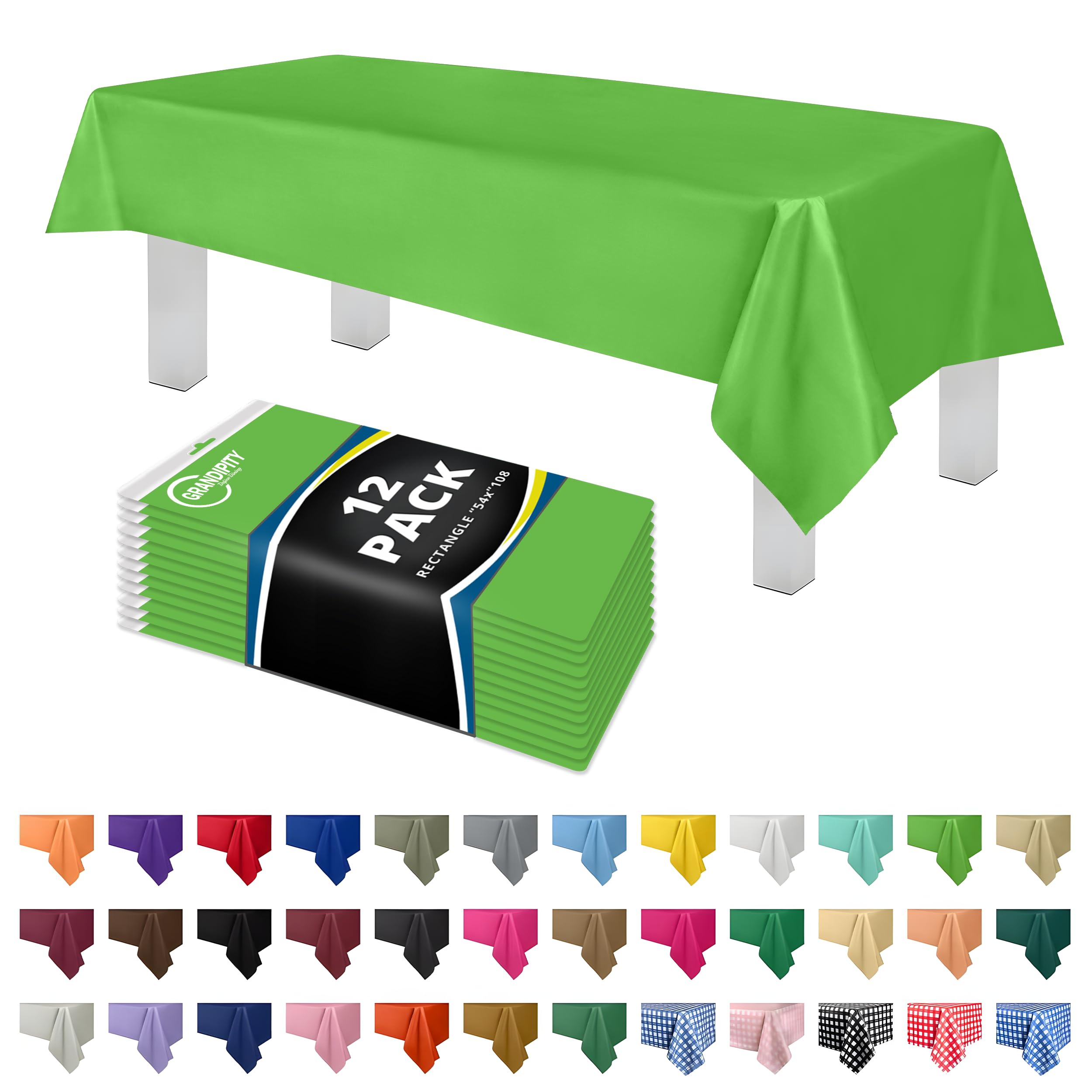 Grandipity 12 Pack Premium Disposable Plastic Tablecloth 54 Inch. x 108 Inch. Decorative Rectangle Table Cover - Lime Green