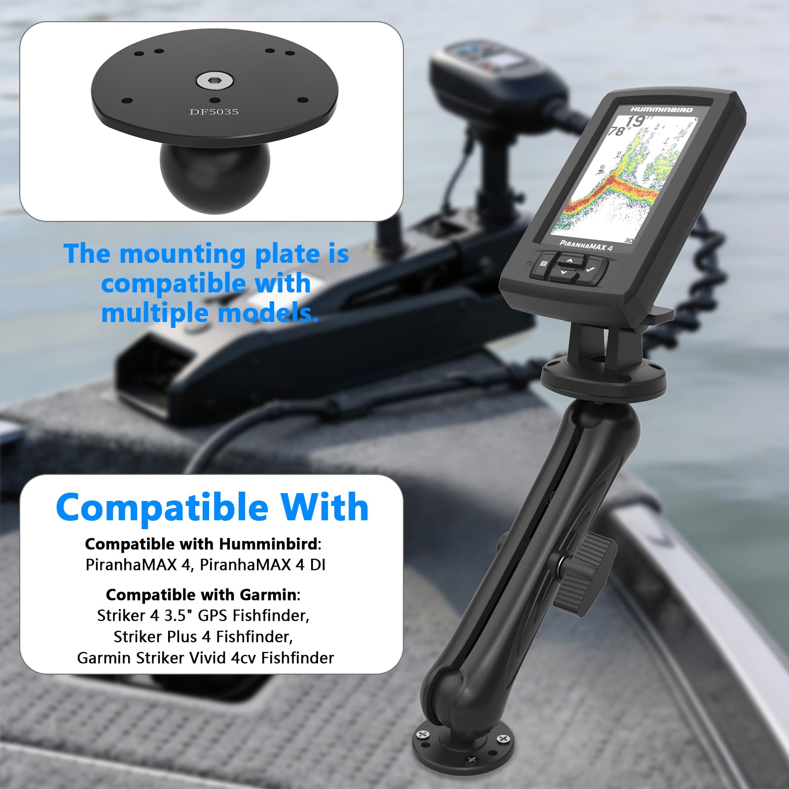 Support de détecteur de poissons compatible avec Garmin Striker 4, Striker Plus 4, Striker Vivid 4cv, bras long de 23,6 cm, rotation à 360 degrés, aluminium de qualité marine