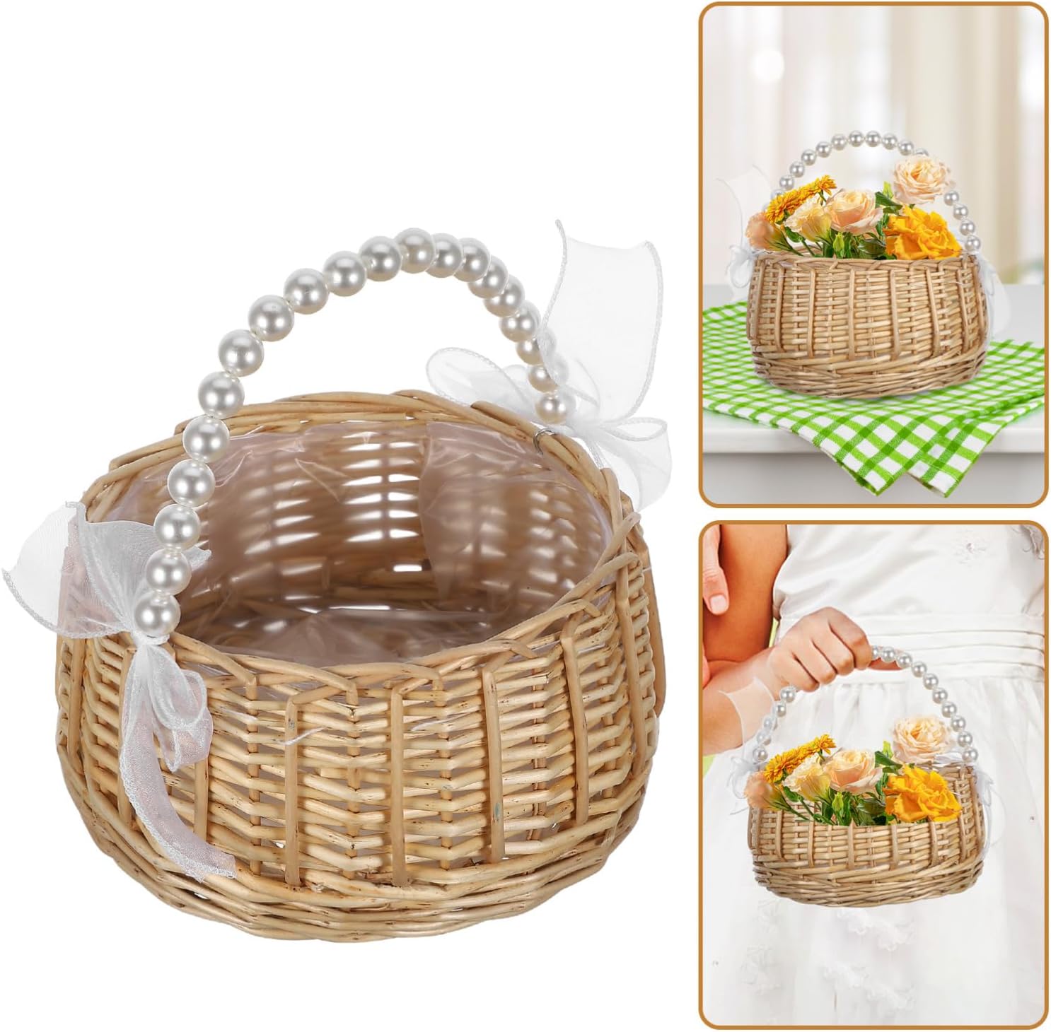 Healifty Wedding Flower Girl Basket Handwoven Rattan with Pearl Handle and Ribbon Bow 8.46X9.06X7.48 Inch Lace Flower Girl Basket for Wedding Ceremony Party Decor