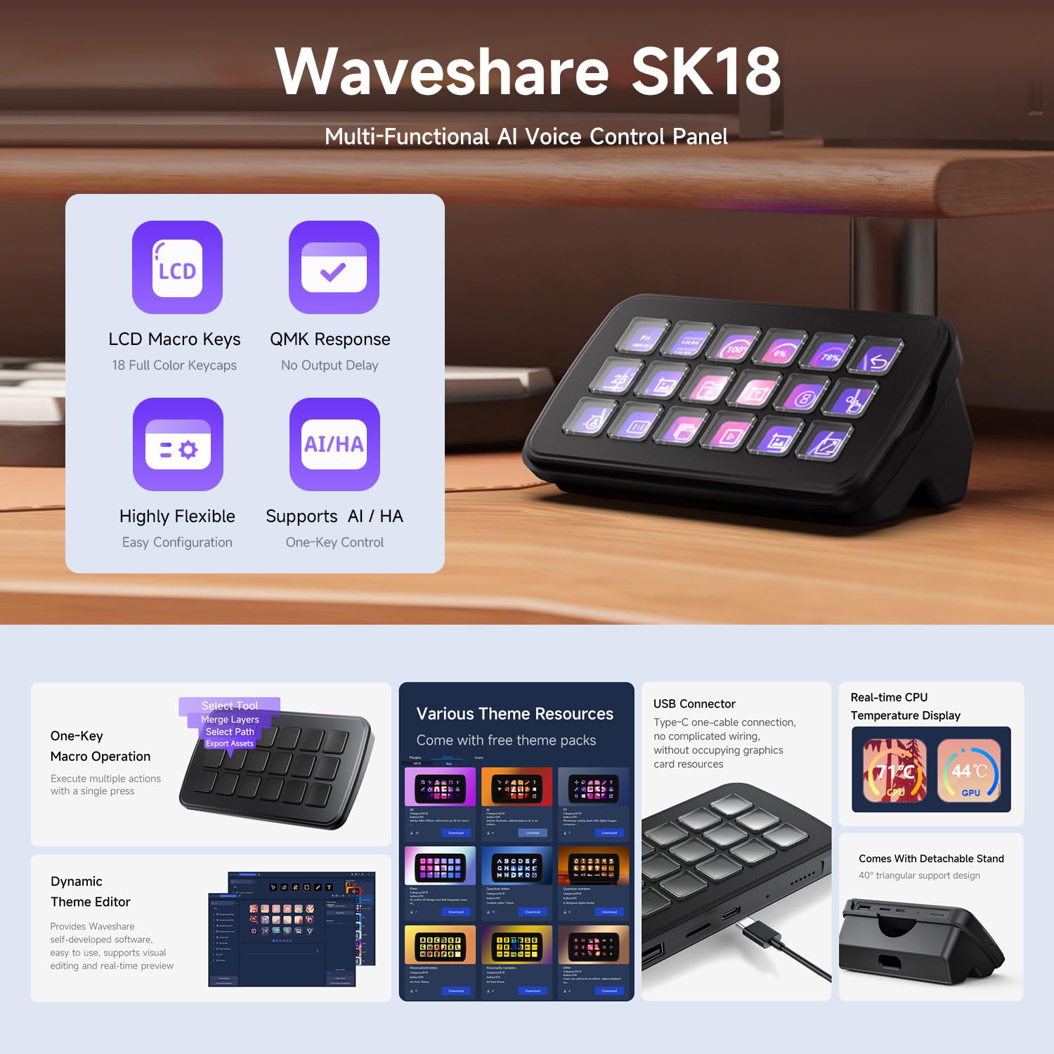 Waveshare SK18 Multi-Functional AI Voice Control Panel, Onboard 18 x Membrane LCD Macro Keys, Supports Linux & QMK Dual-System Architecture and AIDA64