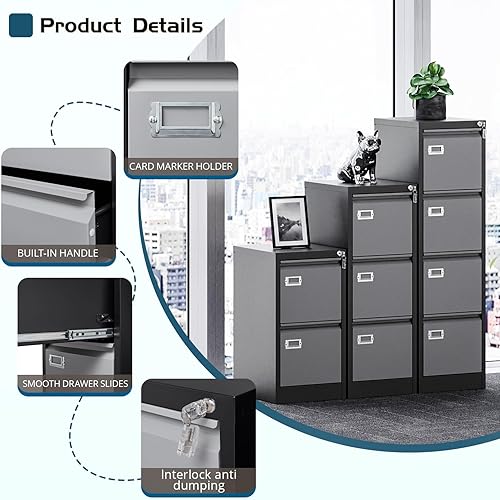 Miniatura 5 de MIIIKO Archivador de 2 cajones, archivadores verticales de metal con cerradura, carpetas de archivos de oficina en casa, gabinete de almacenamiento