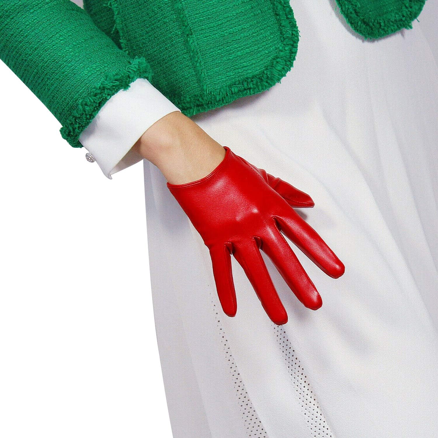 DooWay Women's Short Leather Gloves 16CM Half Palm Faux Lambskin PU for Evening Fashion Costume Car Motor Driving