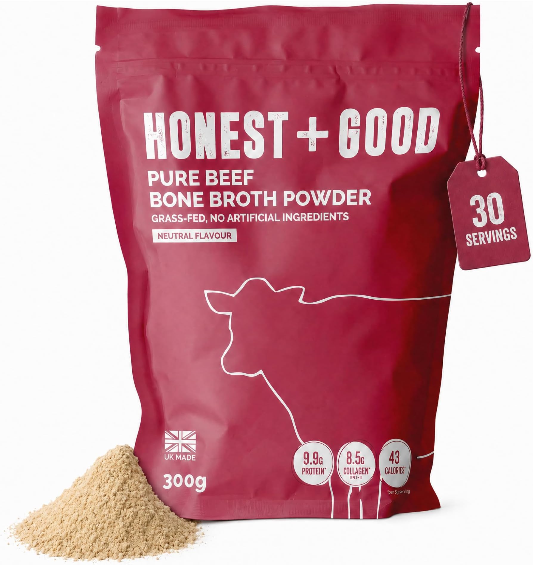 Honest + Good Beef Bone Broth Powder - 300 g | 1 Month Supply | Contains 8500mg Type I & III Collagen | Made with Grass Fed British Cattle | Promotes Hair Skin Nail & Gut Health | UK Made