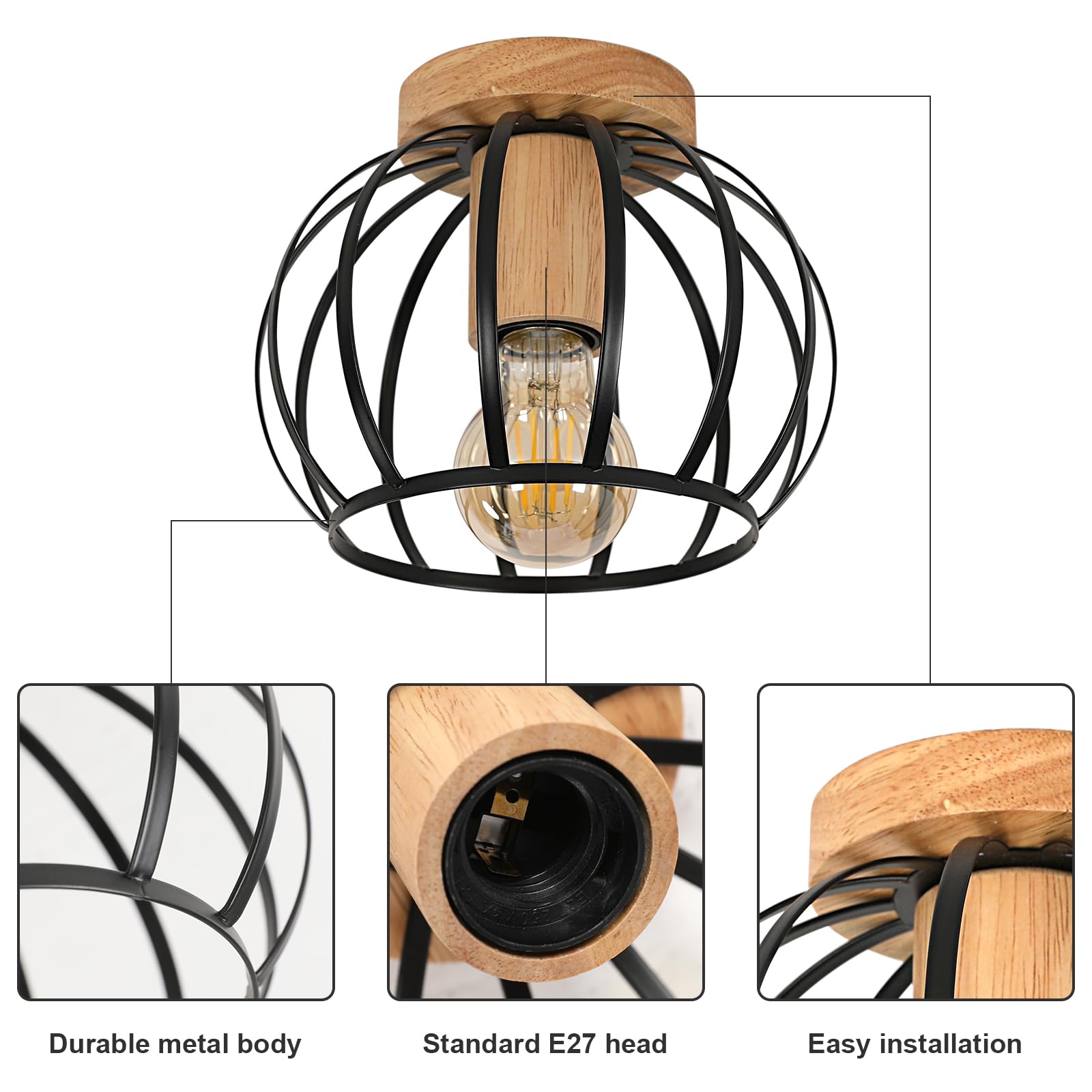 Comely Plafonnier Industrielle en Métal Cage, Vintage Lustre Plafonnier en Bois, E27 Rétro Lampe de Plafond Pour Salon, Cuisine, Chambre, Couloir, Entrée (Noir)