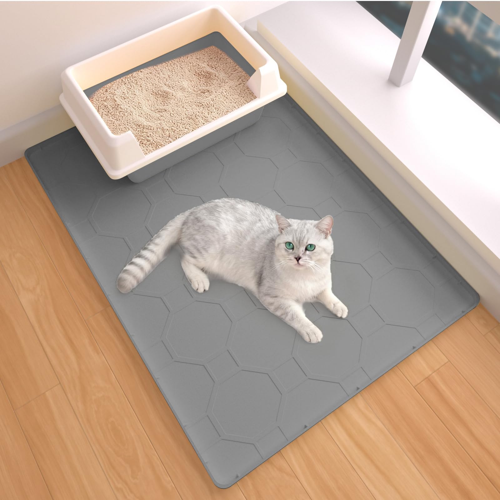 Tappetino per lettiera per gatti 71 x 56 cm, materiale in morbido silicone, facile da pulire, impermeabile, antiscivolo, tappetino resistente per interni e giardino