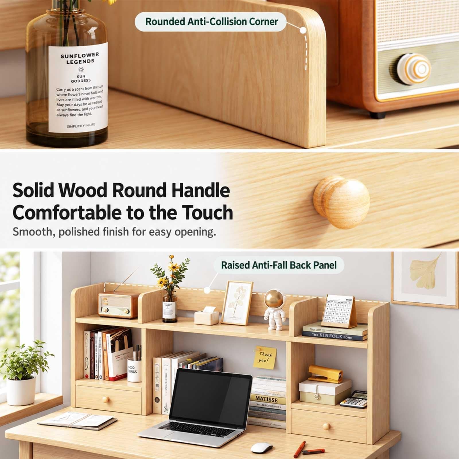 Wooden Desk Hutch with 5 Shelves & 2 Drawers, Desktop Bookcase