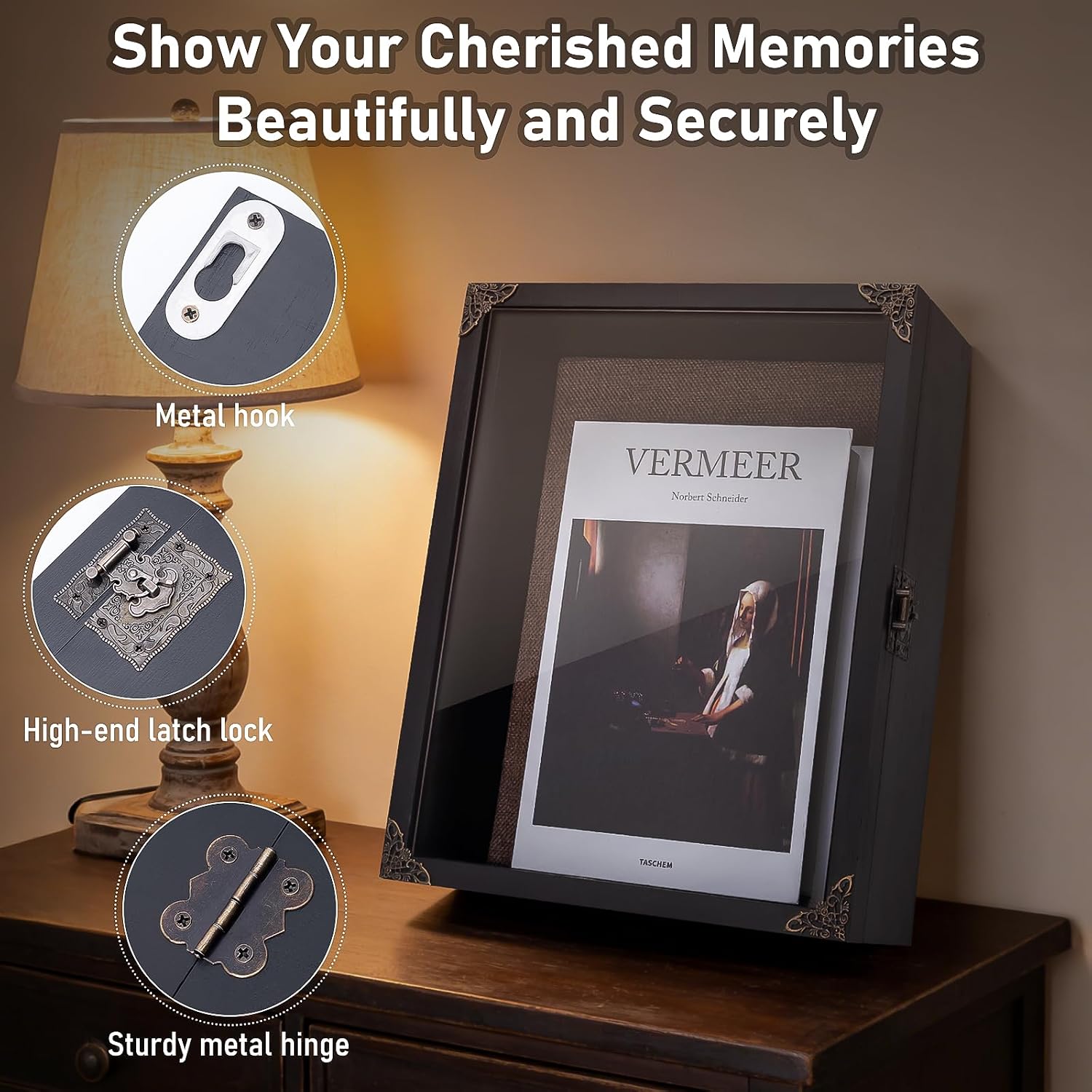 Deep Shadow Box Frame 11x14, 4.7in Depth Shadow Boxes Display Case with Soft Linen PIN Board, Vintage Charred Finish & Mortise-Tenon Joint, Retro Metal Hardware (Black)