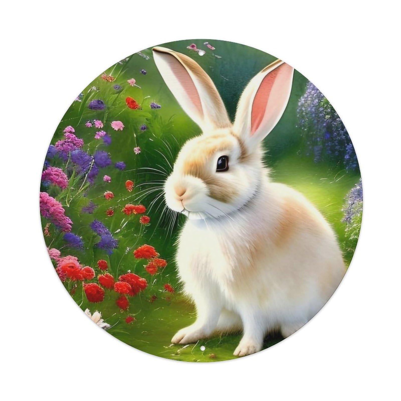 Little White Rabbit on The Grass Animal Artwork Vintage Metal Tin Sign Plaque Wall Decor for Cafe, Club Bar, Office, Garden Metal Poster 8x8Inch