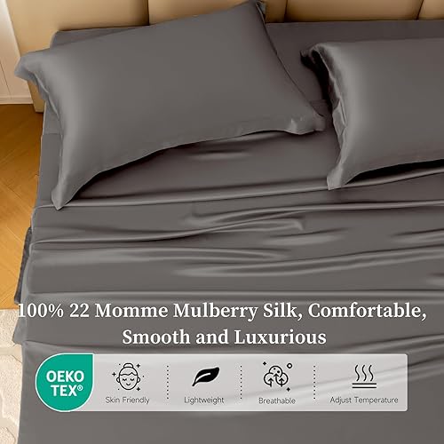 Miniatura 2 de THXSILK Juego de sábanas de seda de 4 piezas, 22 momme 100% seda de morera natural de grado superior, juegos de ropa de cama de lujo, ultra suaves y