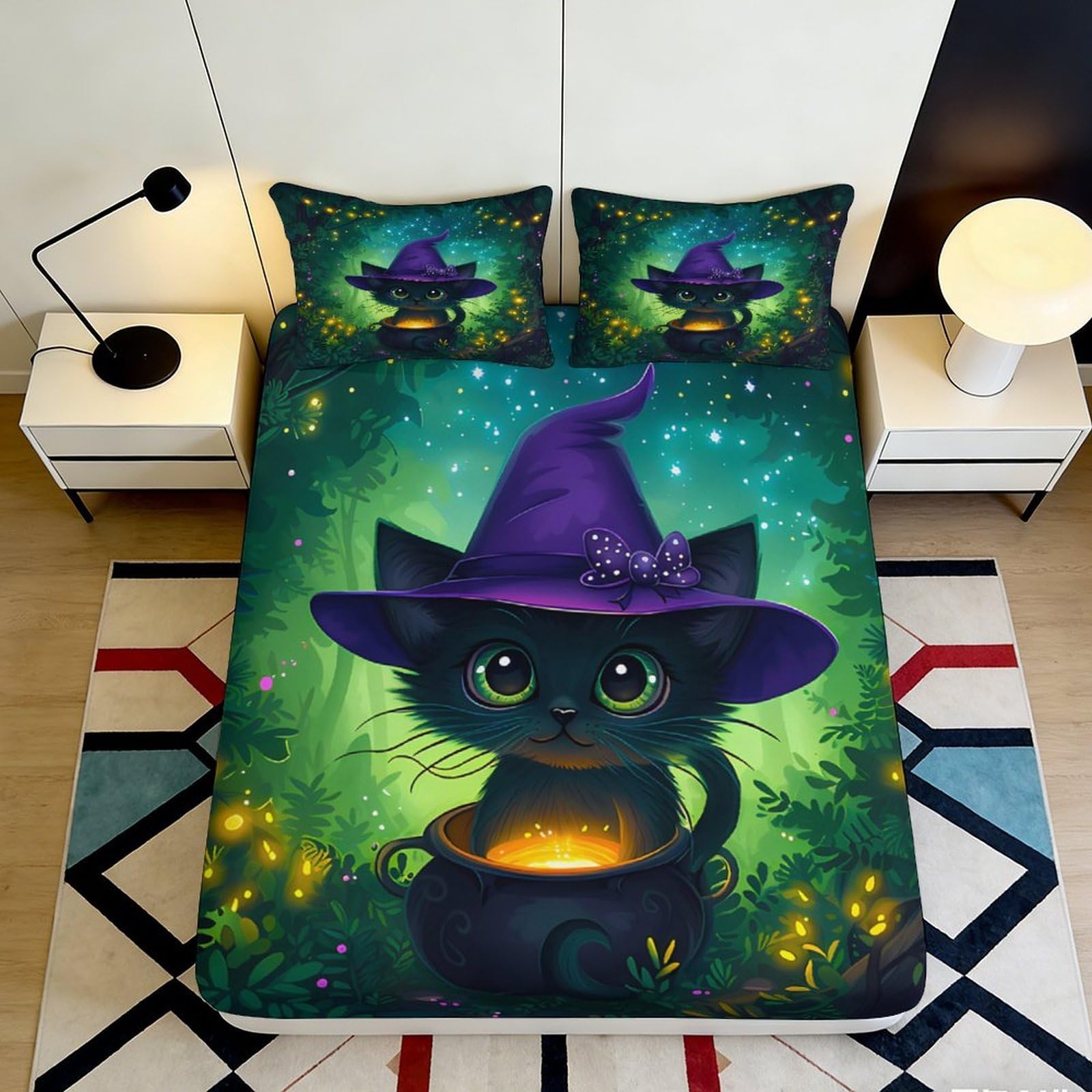3D Printed Witch Cat Fitted Sheet Microfiber Soft Green Forest Cauldron Bed Cover for Bedroom Dorm Decor 90x200x25cm