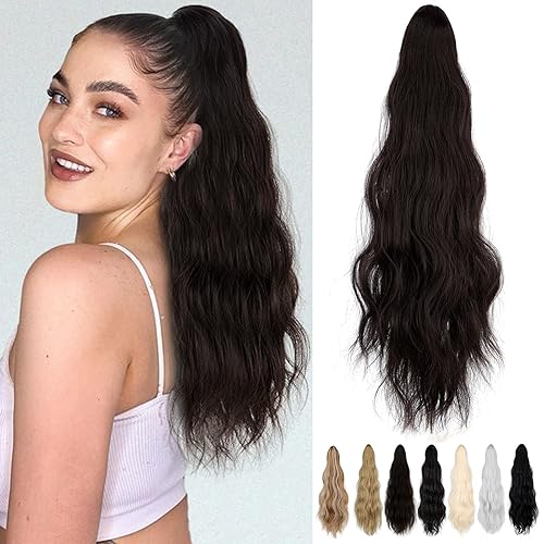 Extensión de cola de caballo de 22  garra larga ondulada rizada con clip en cola de caballo Extensión de cola de caballo de aspecto natural