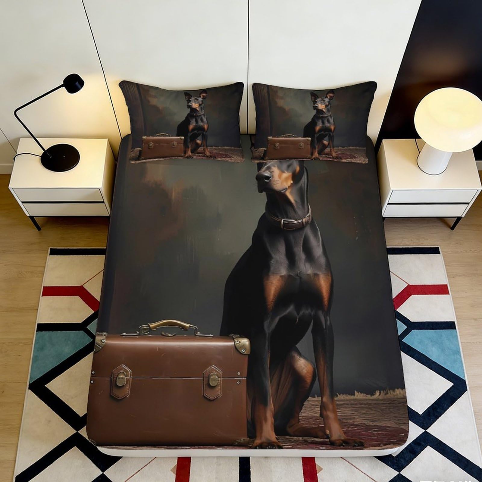 3D Printed Doberman Noble Style Fitted Sheet Microfiber Durable Dog Portrait Mattress Cover for Bedroom Decor 90x200x25cm