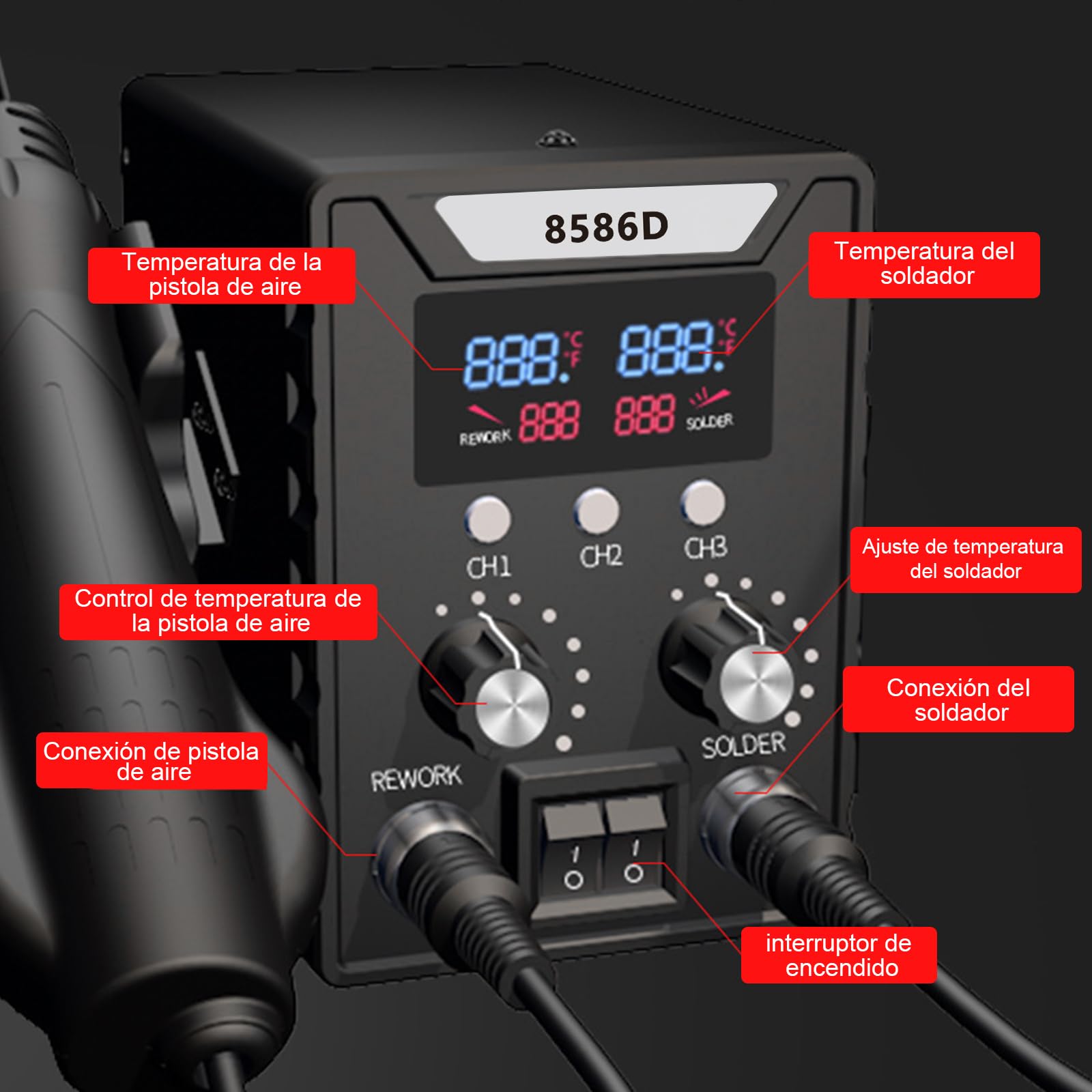 2 en 1 Conjunto de Estación de Soldadura 760W, Pantalla Digital 180-500°C Soldador +Pistola de Aire Caliente 8586D, Herramienta de Desoldadura Y Reparación, para Componentes Electrónicos