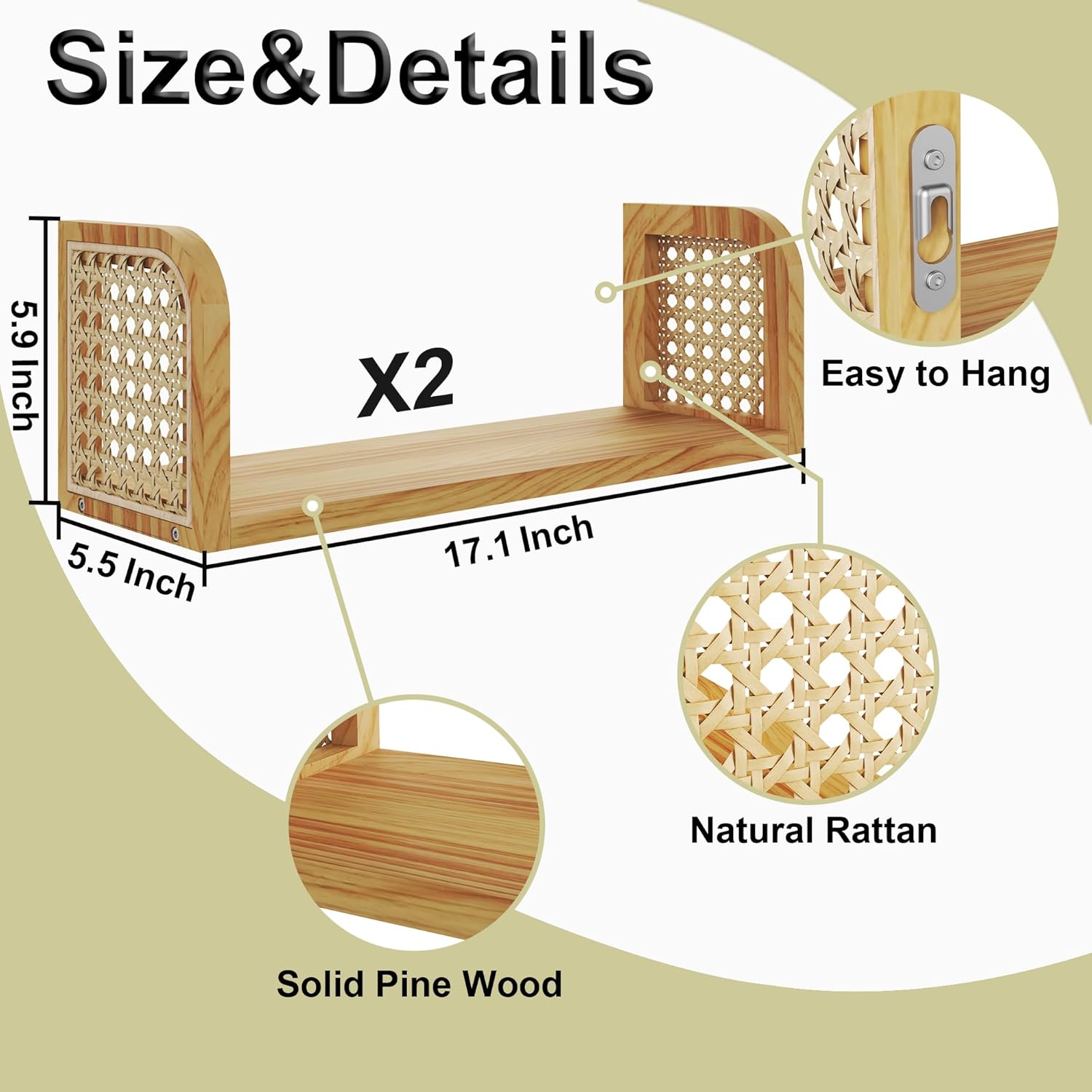 Rattan Shelf Set of 2, Cute Nursery Shelves Wall Mounted, Natural Hanging Bookshelf Storage, Boho Decorative Floating Shelves for Kids Room, Living Room, Play Room, Bedroom, Home Decor