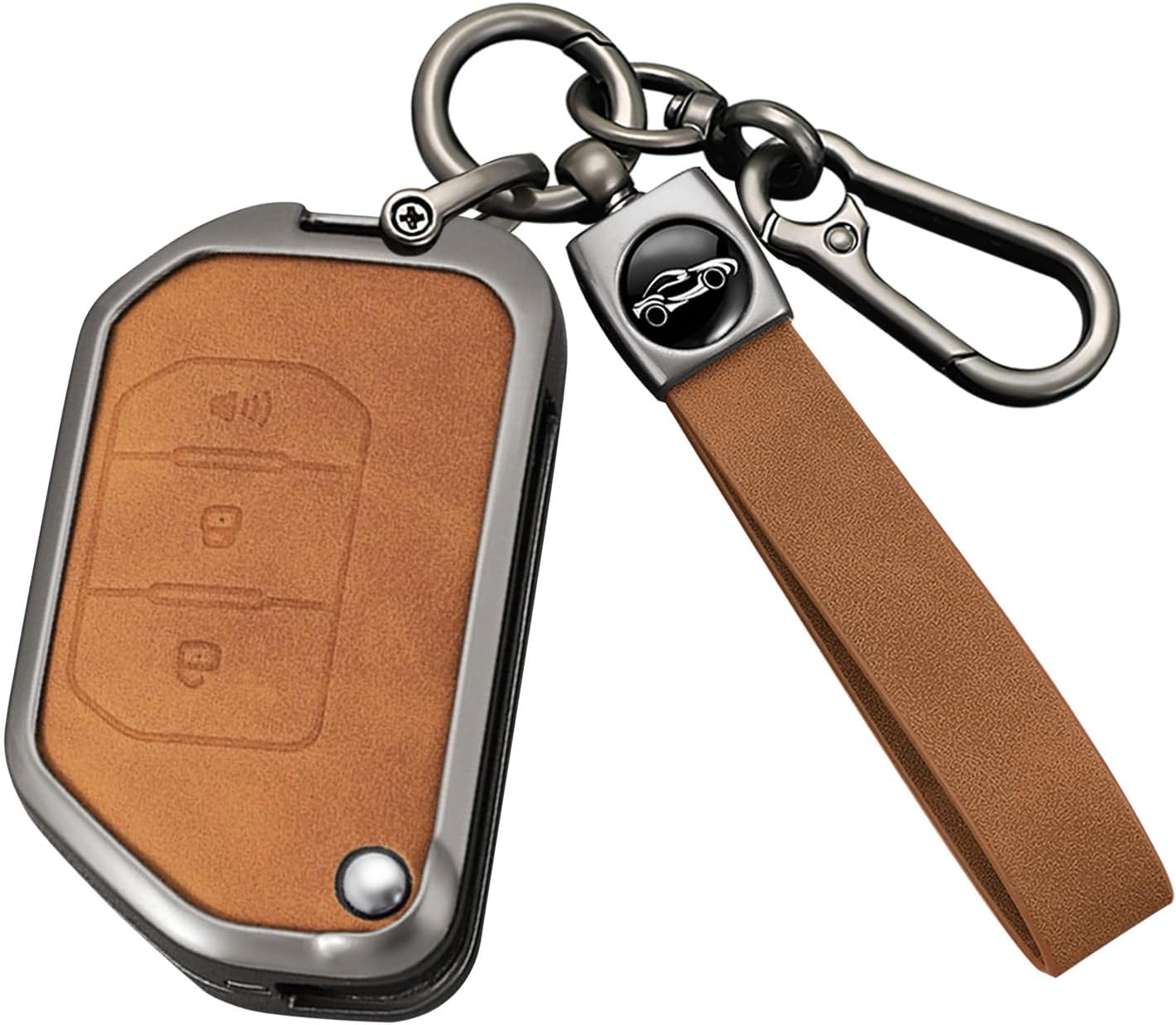 HIBEYO 3 Button Key Fob Cover Compatible with Jeep Wrangler JL JLU Gladiator 4XE 2018-2021 Accessories Leather& Zinc Alloy Folding Key Case with Keychains-3 Button Brown