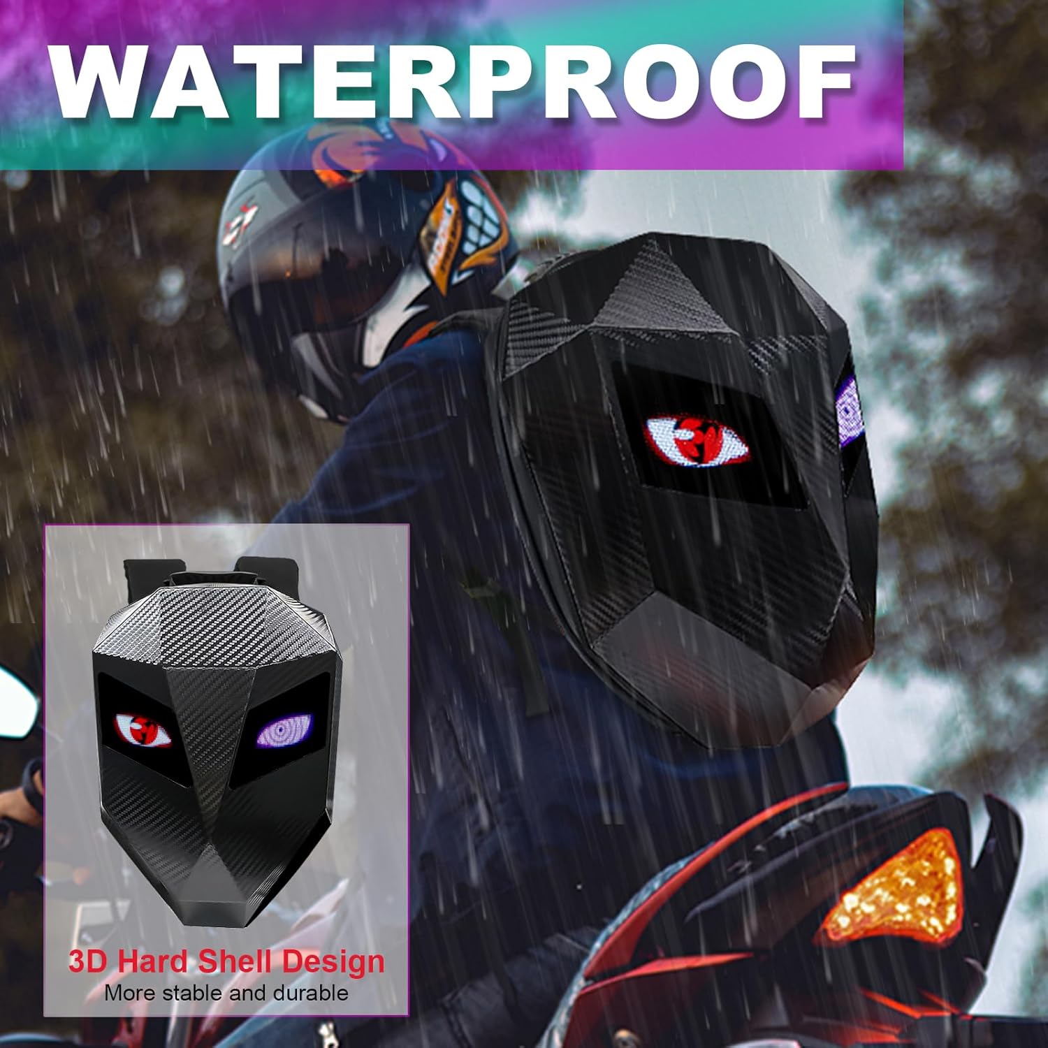 Carbon Fiber Motorcycle LED Knight Backpack with Full-color screen, Laptop Backpack, DIY programming Backpack, Riding Backpack for Store Helmet, Waterproof Luggage Bag for Travelling Camping