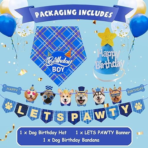 Miniatura 3 de Dog Birthday Party Supplies Dog Birthday Bandana Set with Birthday Banner Cute Hat Scarf Happy Birthday Decoration Dog Birthday Banner with Lets