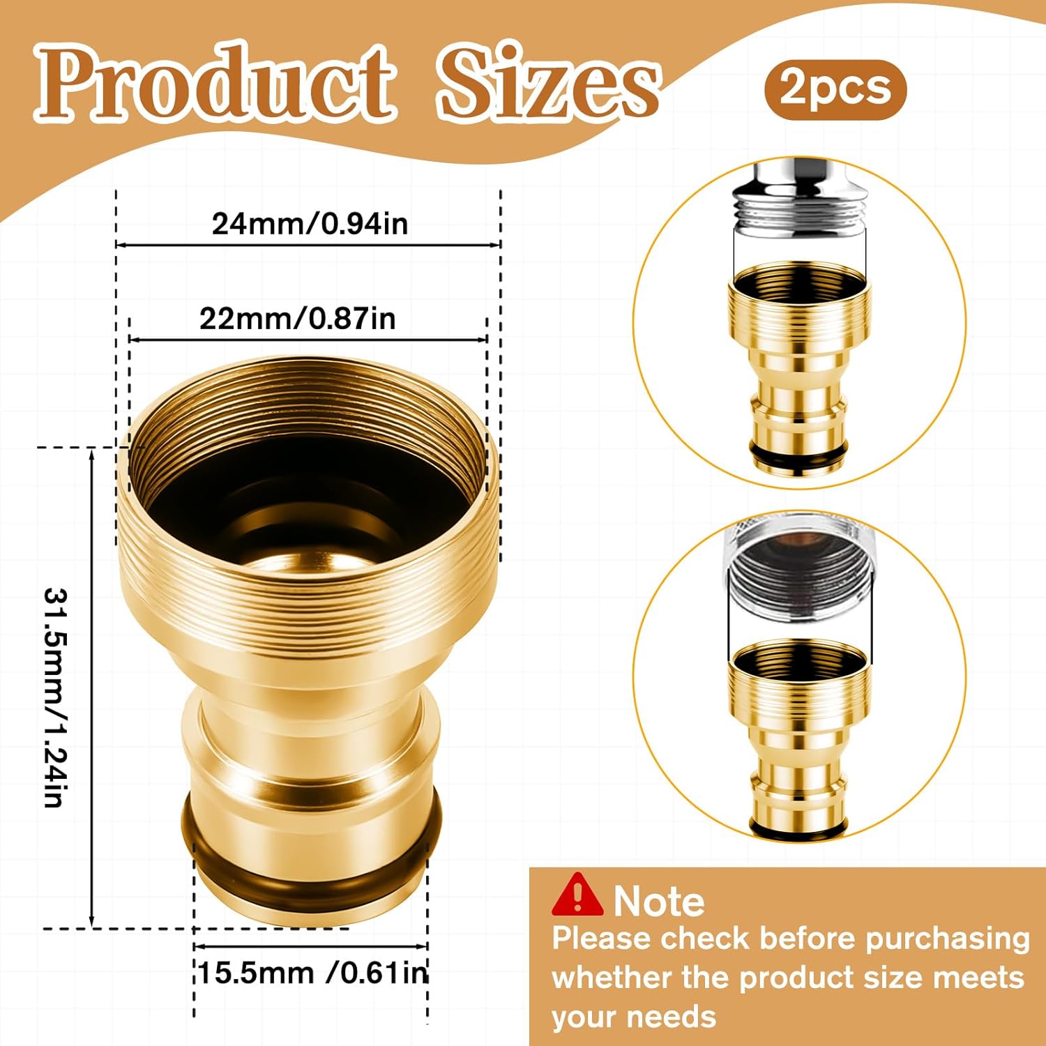 Giantree 2 Pack Dishwasher Faucet Adapter with Aerator, Inner Diameter Portable Dishwasher Faucet Adapter Kitchen Faucets Fittings Hose Adapters for 15/16-27 Male or 55/64-27 Famale(Gold)