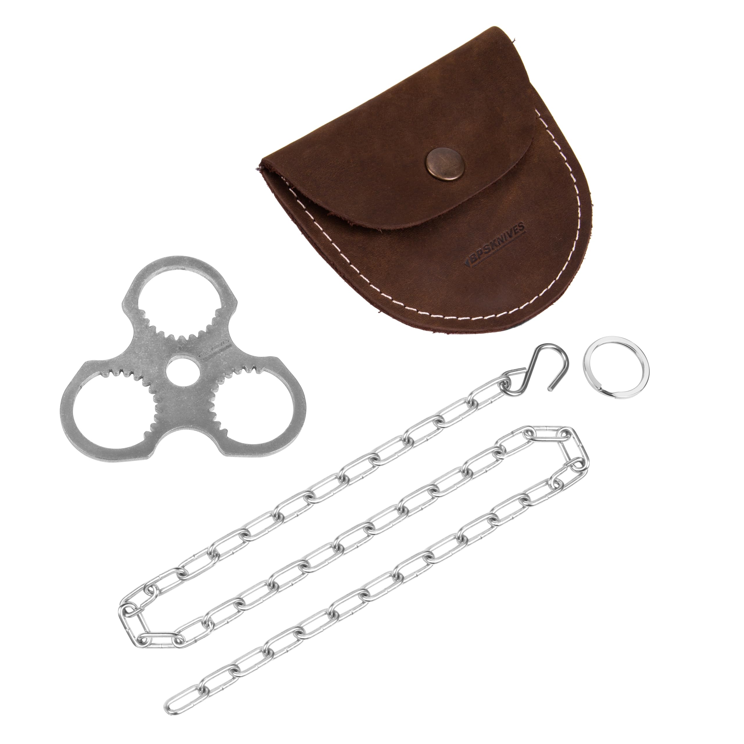 BPS Knives Camping Tripod Board with Leather Case - Turn Branches into Campfire Tripod - Campfire Support Plate with Adjustable Chain for Hanging Cookware - Outdoor Cooking