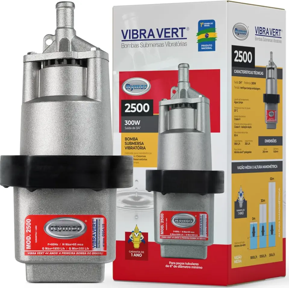 Bomba de Água Submersa Rymer 2500, Saída 3/4", 1850 L/h, Elevação 65m, 220V