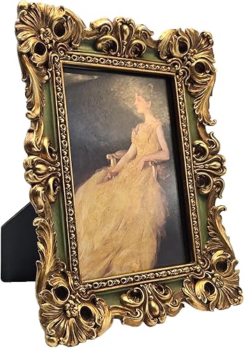 Miniatura 6 de CISOO Marco de fotos vintage de 4 x 6 pulgadas, marco de fotos antiguo y ornamentado en verde y dorado, para exhibición en mesa y pared, diseño