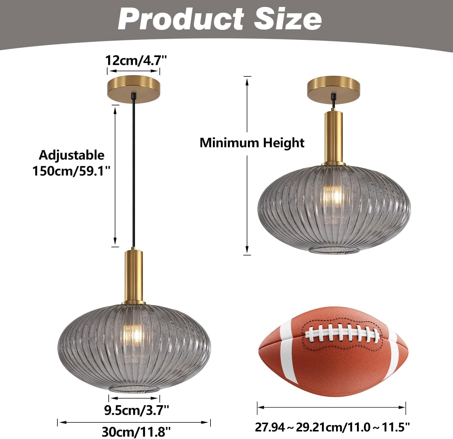 KCO Lighting Mid Century Modern Gold Glass Pendant Lighting Smoke Grey Globe Pendant Lights Kitchen Island Industrial Brass Gold Hanging Ceiling Light Fixture for Dining Room