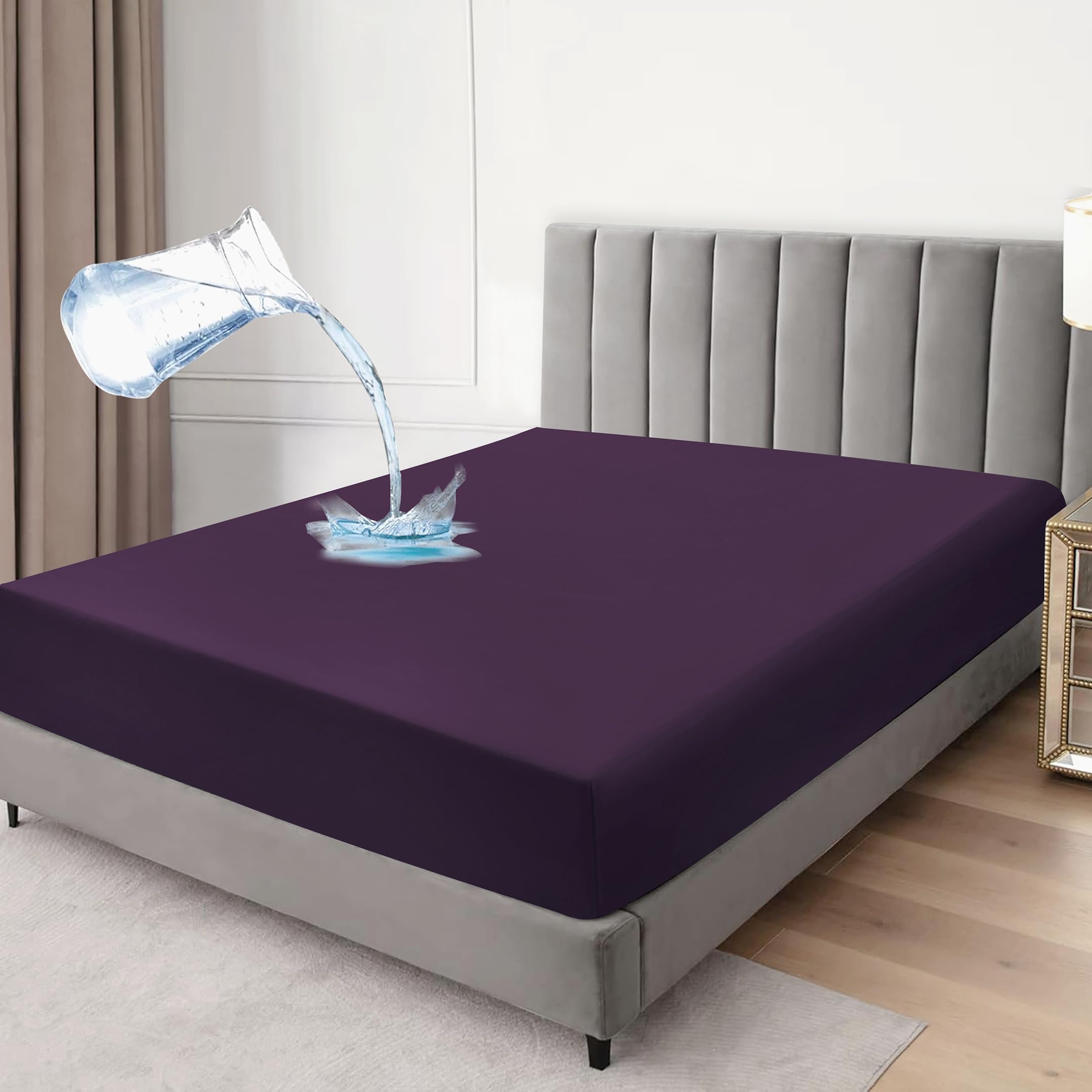 Waterproof Fitted Sheet Mattress Protector, Microfiber, Breathable Crinkle Free Deep Pocket 30cm Single Double King Super King (Plum, King)
