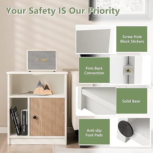 Miniatura 9 de Tangkula Juego de 2 mesitas de noche mesa auxiliar de madera con puerta de bambú y compartimentos abiertos mesa de noche multifuncional de 3 niveles