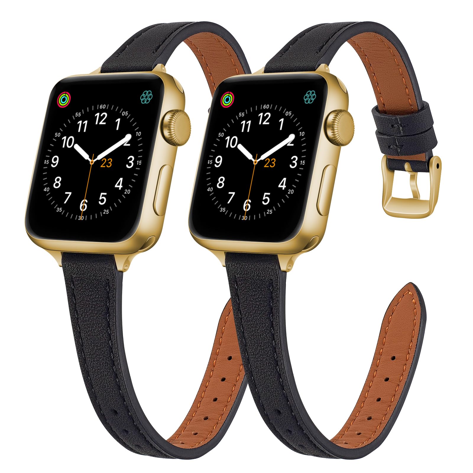 SEURE 2-pack Leather Bands Compatible with Apple Watch Band for women 38mm 40mm 41mm 42mm 44mm 45mm 46mm 49mm,Genuine Leather Band Slim Thin Strap for