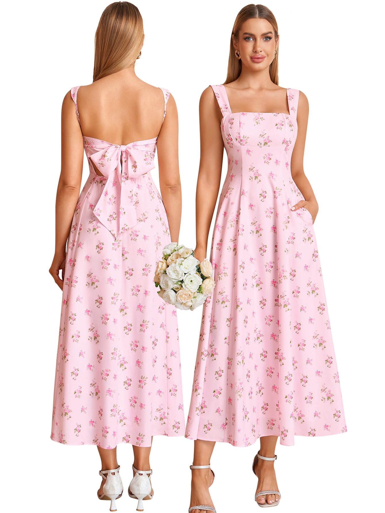 Bow Tie Floral Corset Midi Dress Flowy Summer Tea Party Wedding Guest Dresses for Women Sundress with Pockets