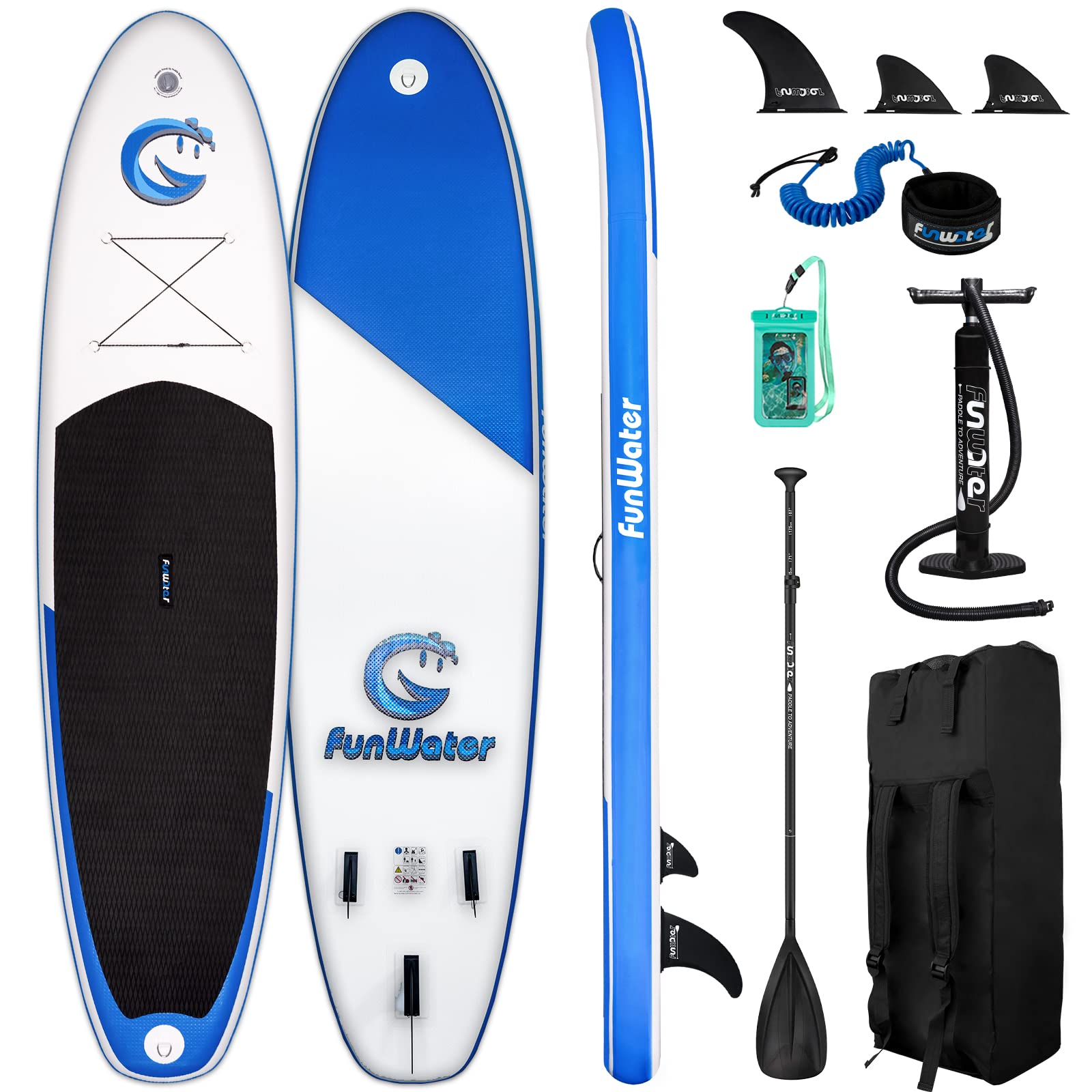 FunWaterInflatable Stand-Up Paddleboard, 325 x 84 x 15 cm, Complete Accessories, Adjustable Paddle, Pump, ISUP Travel Backpack, Lead, Waterproof Bag, Up to 150 kg Load Capacity