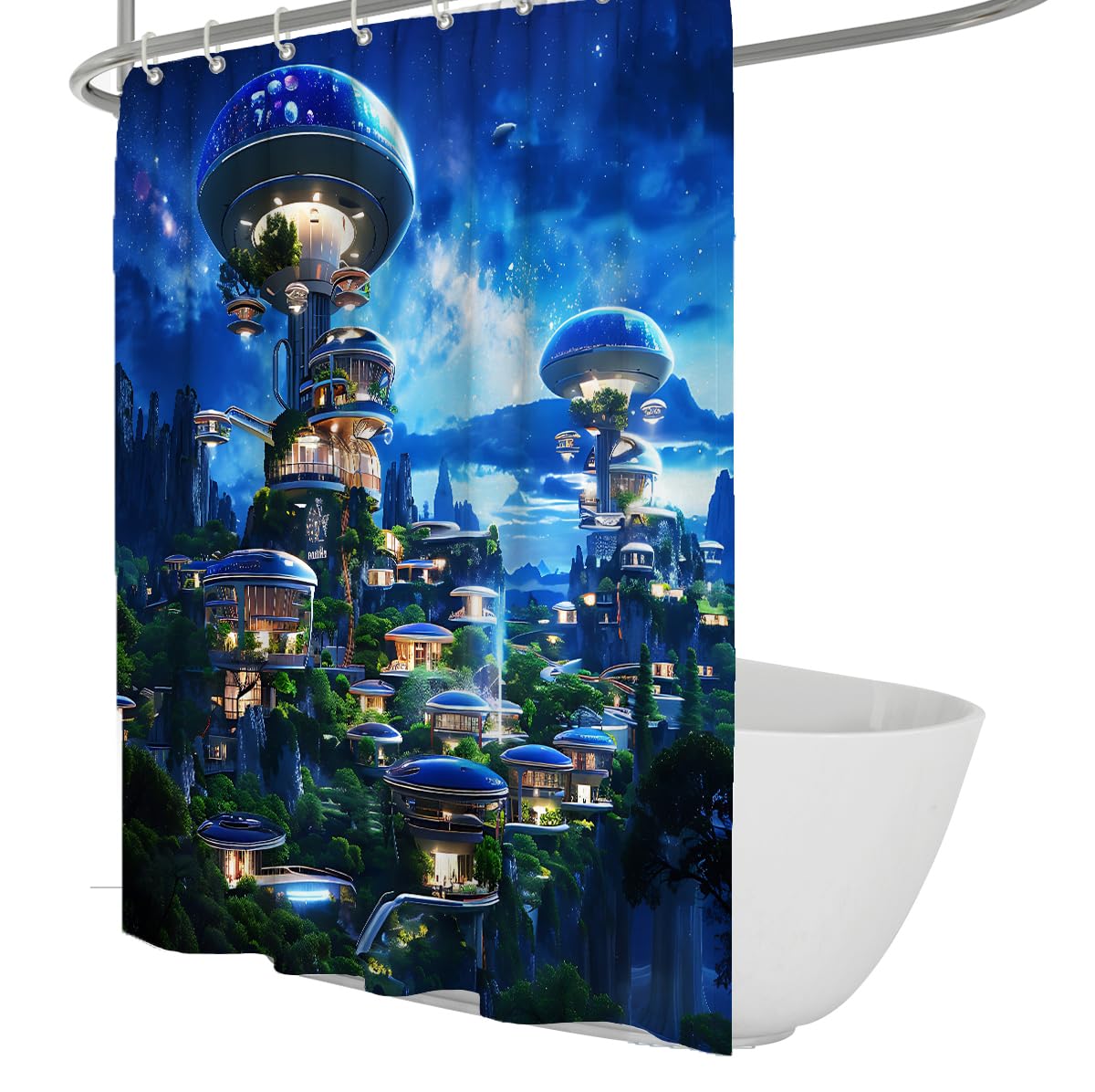 UERWOWELL Sci-Fi Future City Shower Curtain for Bathroom Surreal Cosmic City Nebula Starry Sky Design Waterproof Fabric Bath Curtains with Hooks W240xL180 cm