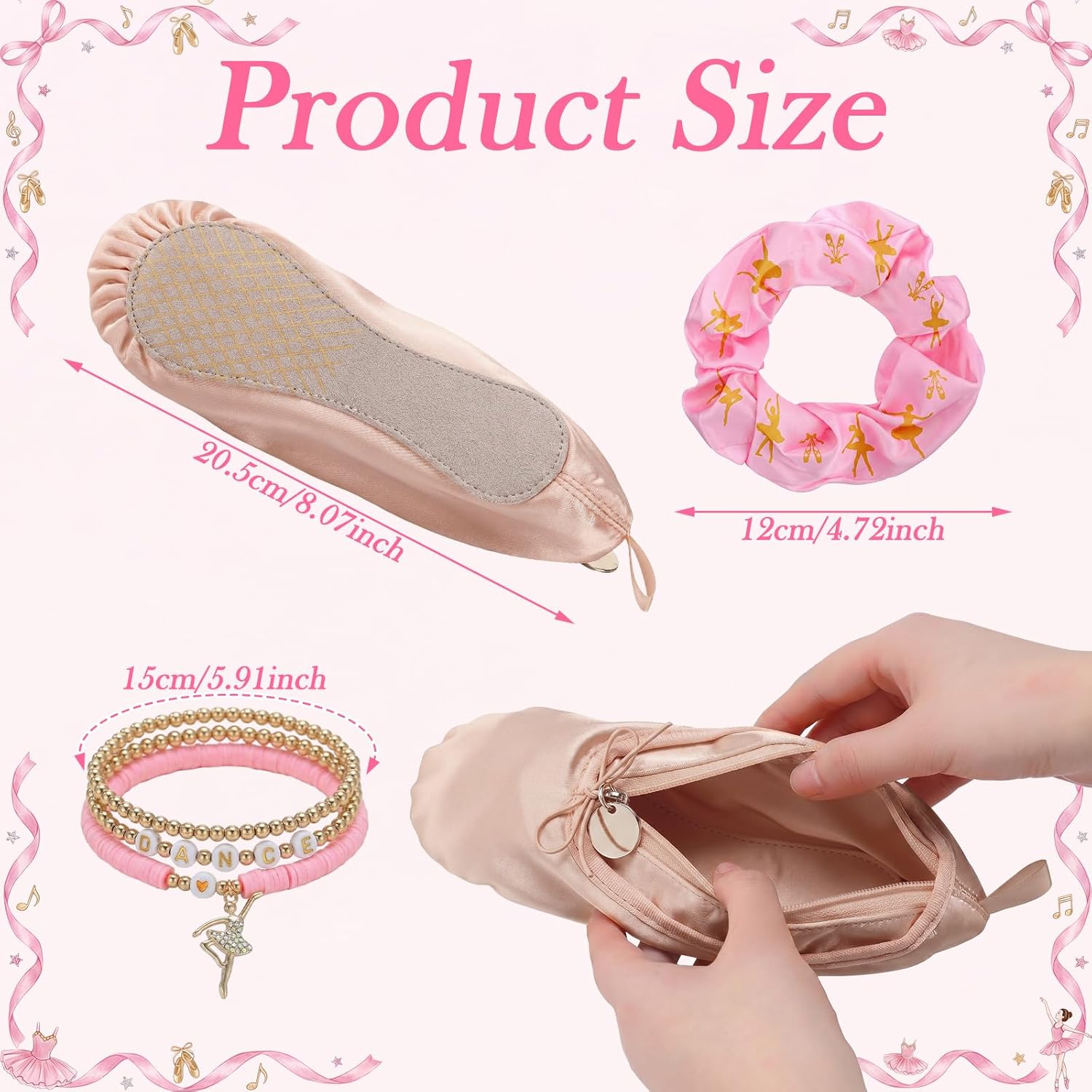 5 Pcs Pink Dance Recital Gifts Set Crochet Flower Bouquet with Ballet Shoe Dance Bag Polymer Clay Beaded Bracelet Set Elastic Ballet Hair Tie for Recitals Ballerinas Graduation Gift